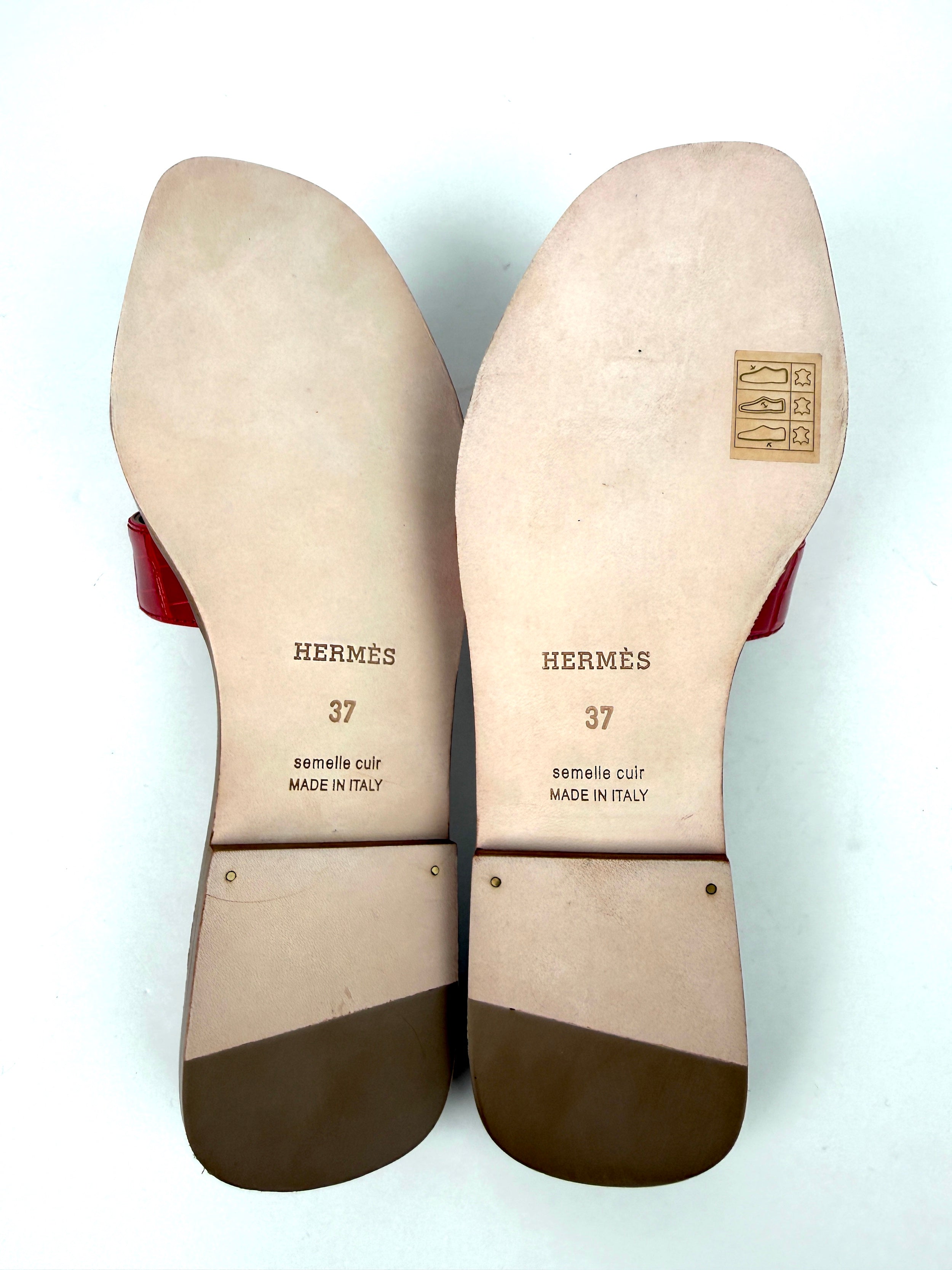 Hermes Oran Red Braise Shiny Crocodile Leather Slide Sandals 37
