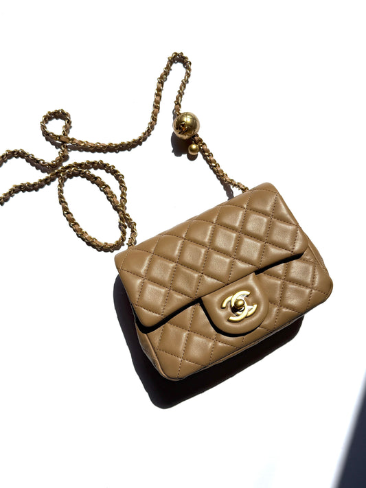 New CHANEL Mini Pearl Crush Lambskin Quilted Dark Beige Flap Crossbody Bag