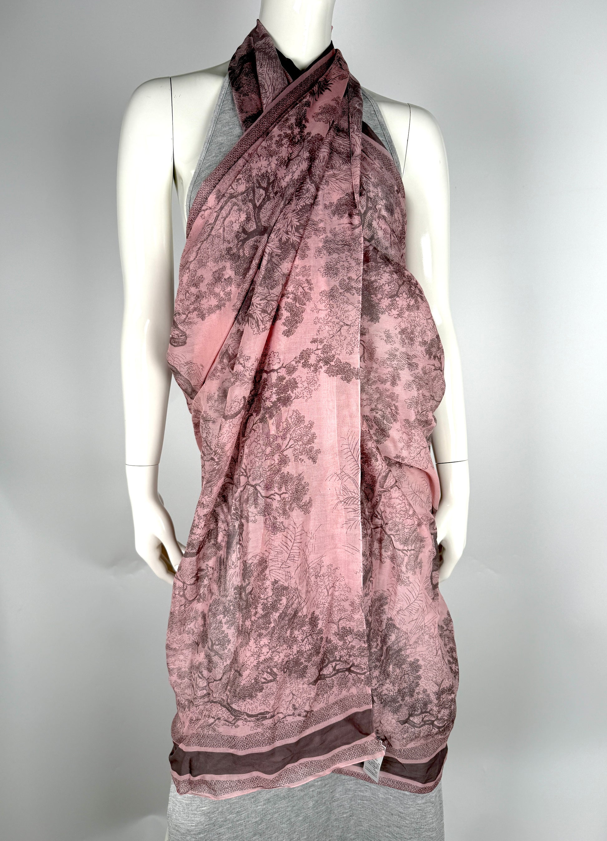 Christian Dior Dioriviera Toile de Jouy Sauvage Pink Gray Cotton Sarong Scarf Beach Wrap