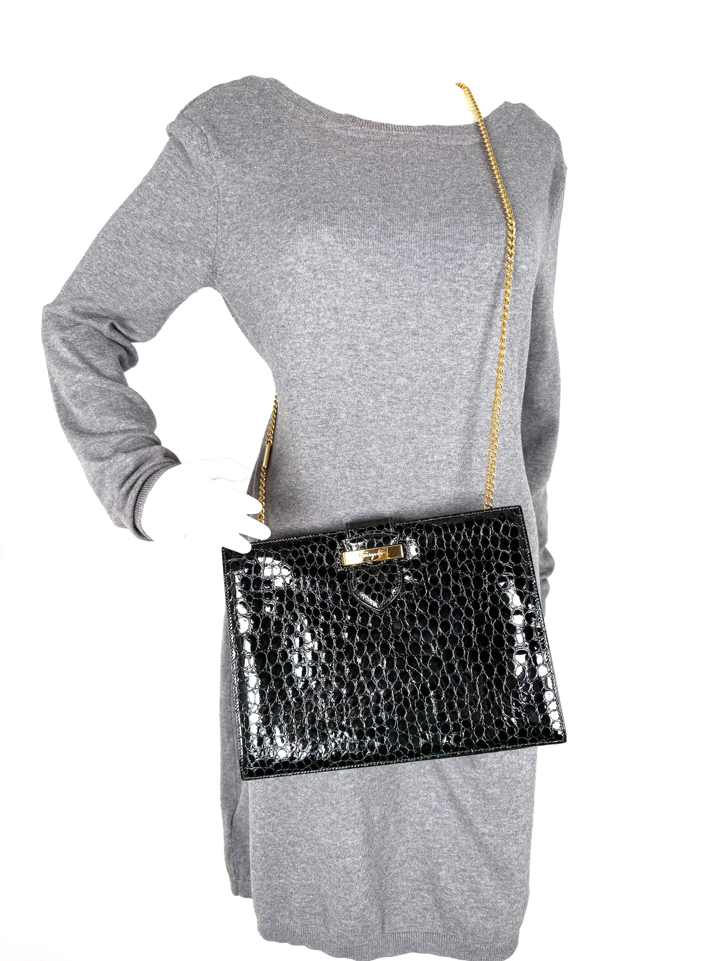 Vintage Salvatore Ferragamo Dark Green Croc Embossed Crossbody Clutch Chain Bag