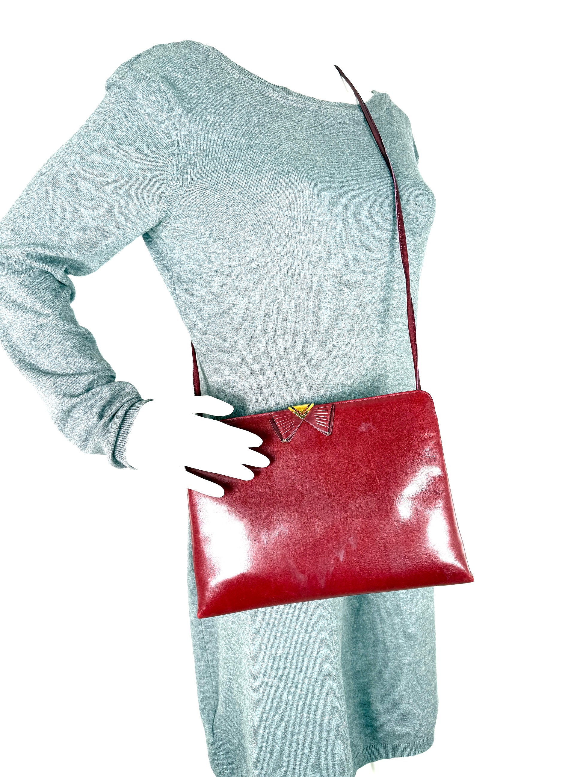 Vintage Salvatore Ferragamo Burgundy Leather Crossbody Clutch Bag 