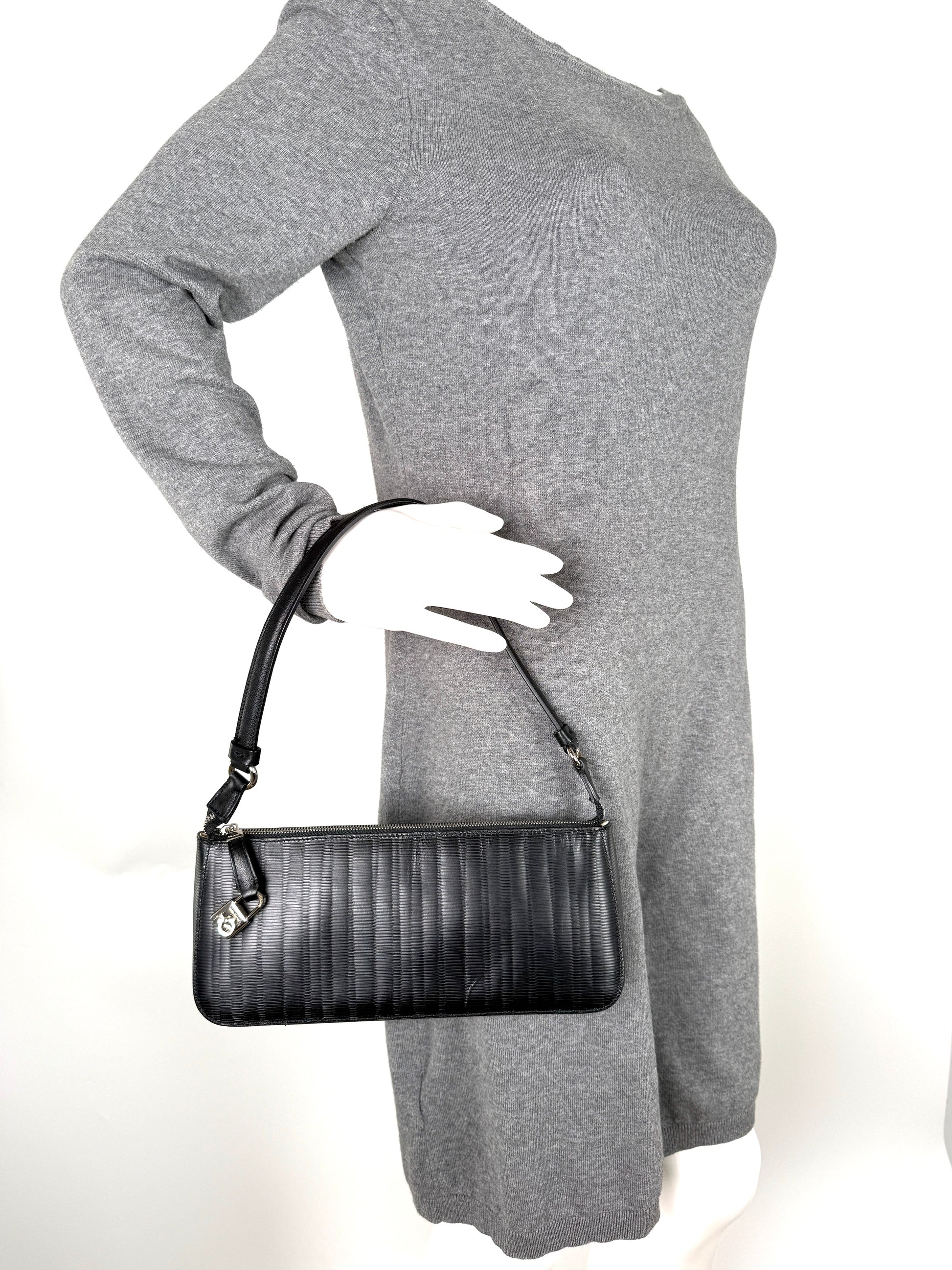 Salvatore Ferragamo Black Pebble Leather Shoulder Bag 