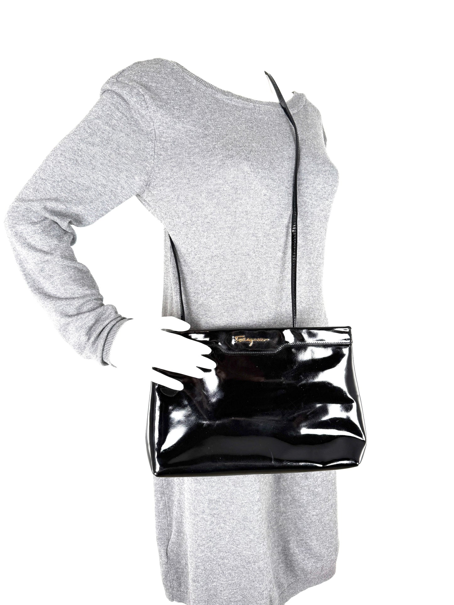 Vintage Salvatore Ferragamo Black Patent Leather Crossbody Clutch Bag 