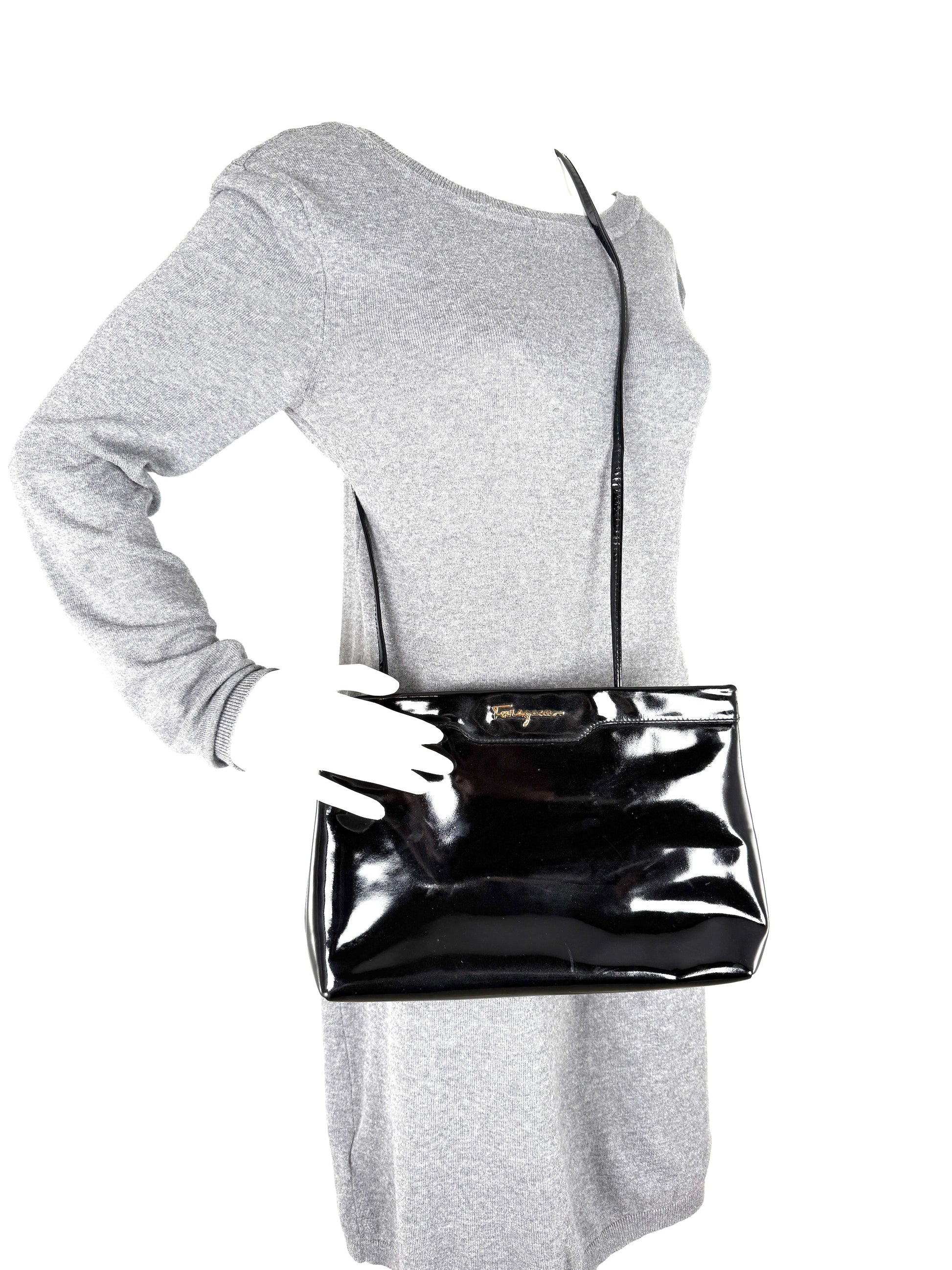 Vintage Salvatore Ferragamo Black Patent Leather Crossbody Clutch Bag 