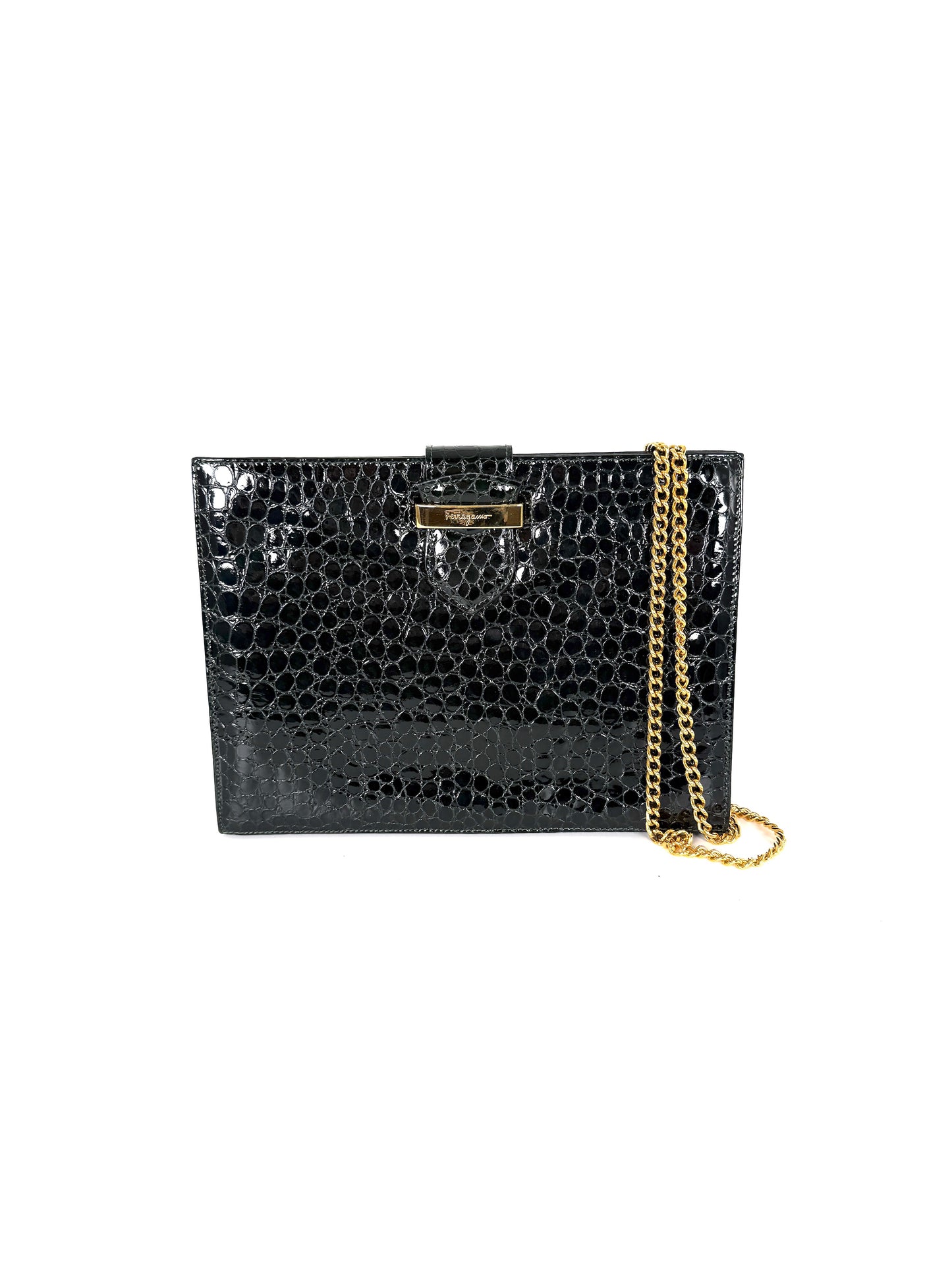 Vintage Salvatore Ferragamo Dark Green Croc Embossed Crossbody Clutch Chain Bag