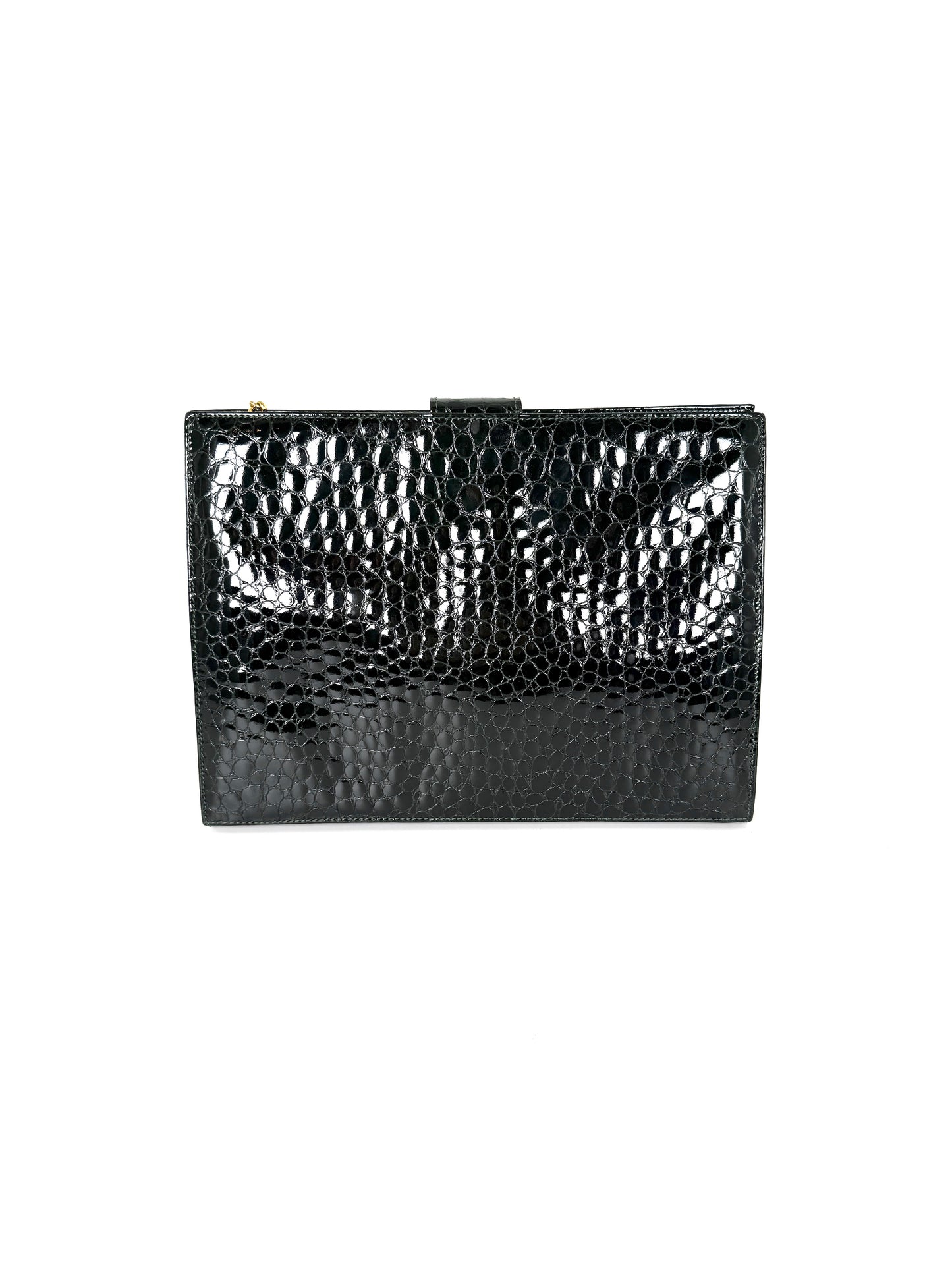 Vintage Salvatore Ferragamo Dark Green Croc Embossed Crossbody Clutch Chain Bag