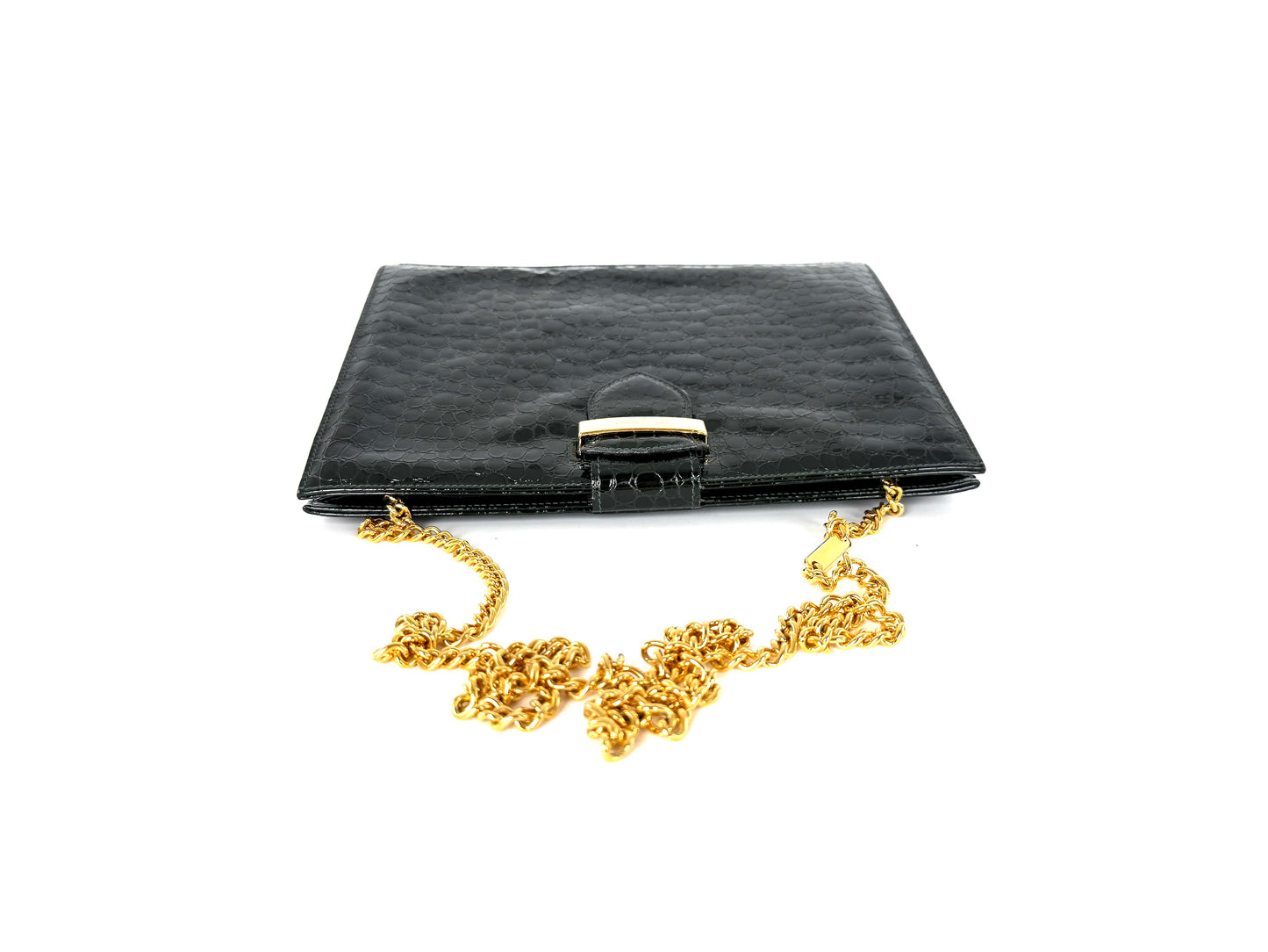 Vintage Salvatore Ferragamo Dark Green Croc Embossed Crossbody Clutch Chain Bag