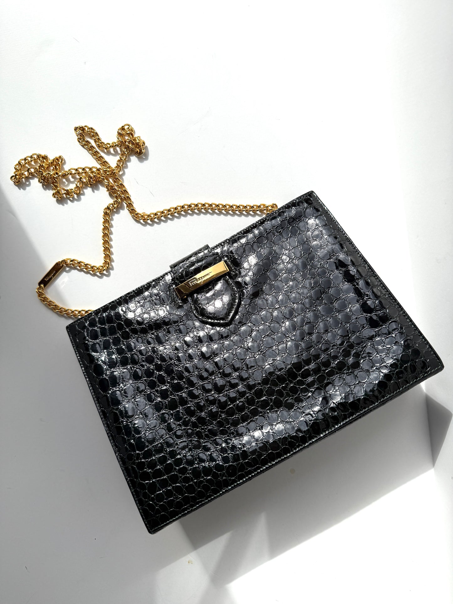 Vintage Salvatore Ferragamo Dark Green Croc Embossed Crossbody Clutch Chain Bag