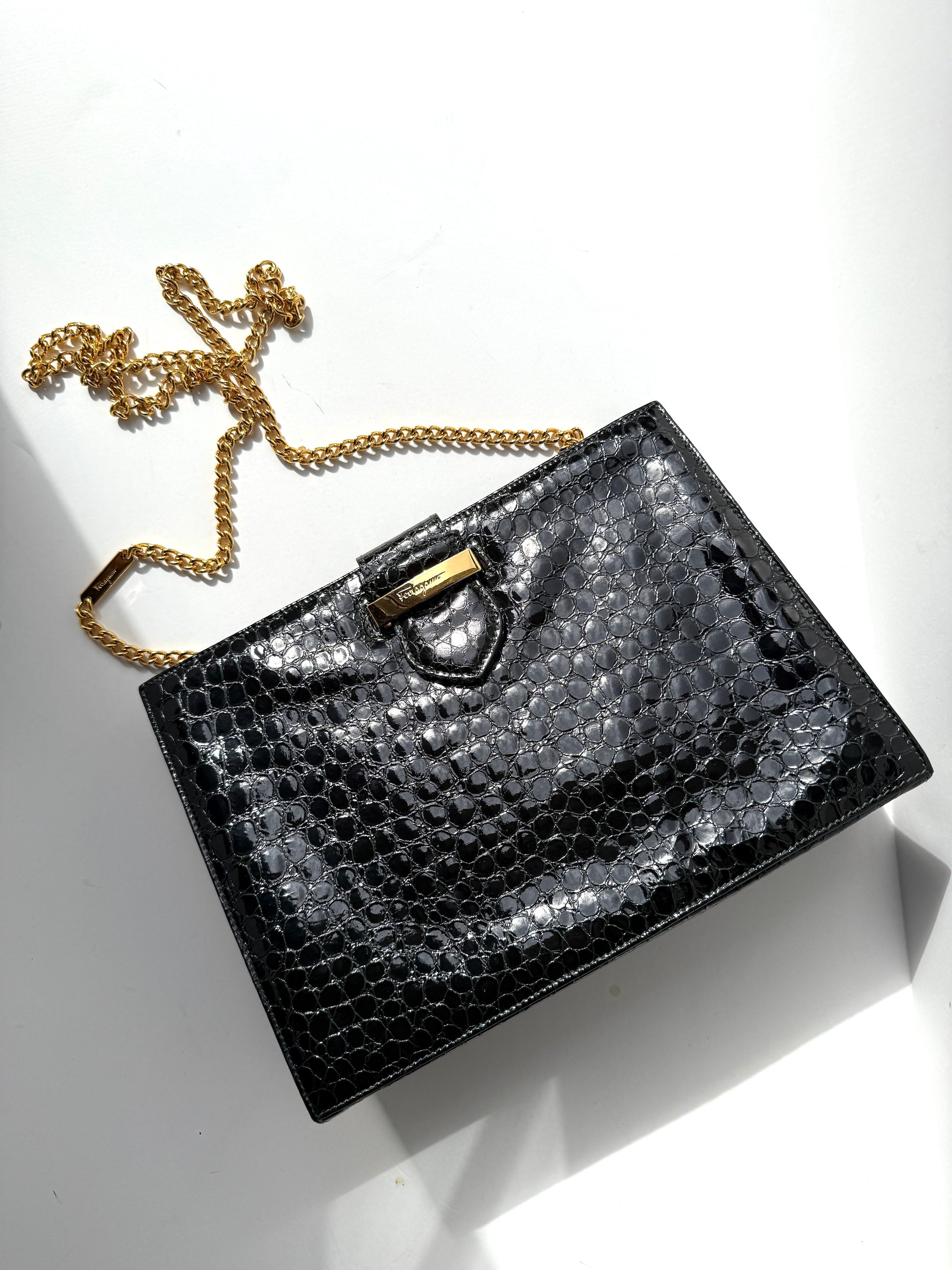 Vintage Salvatore Ferragamo Dark Green Croc Embossed Crossbody Clutch Chain Bag