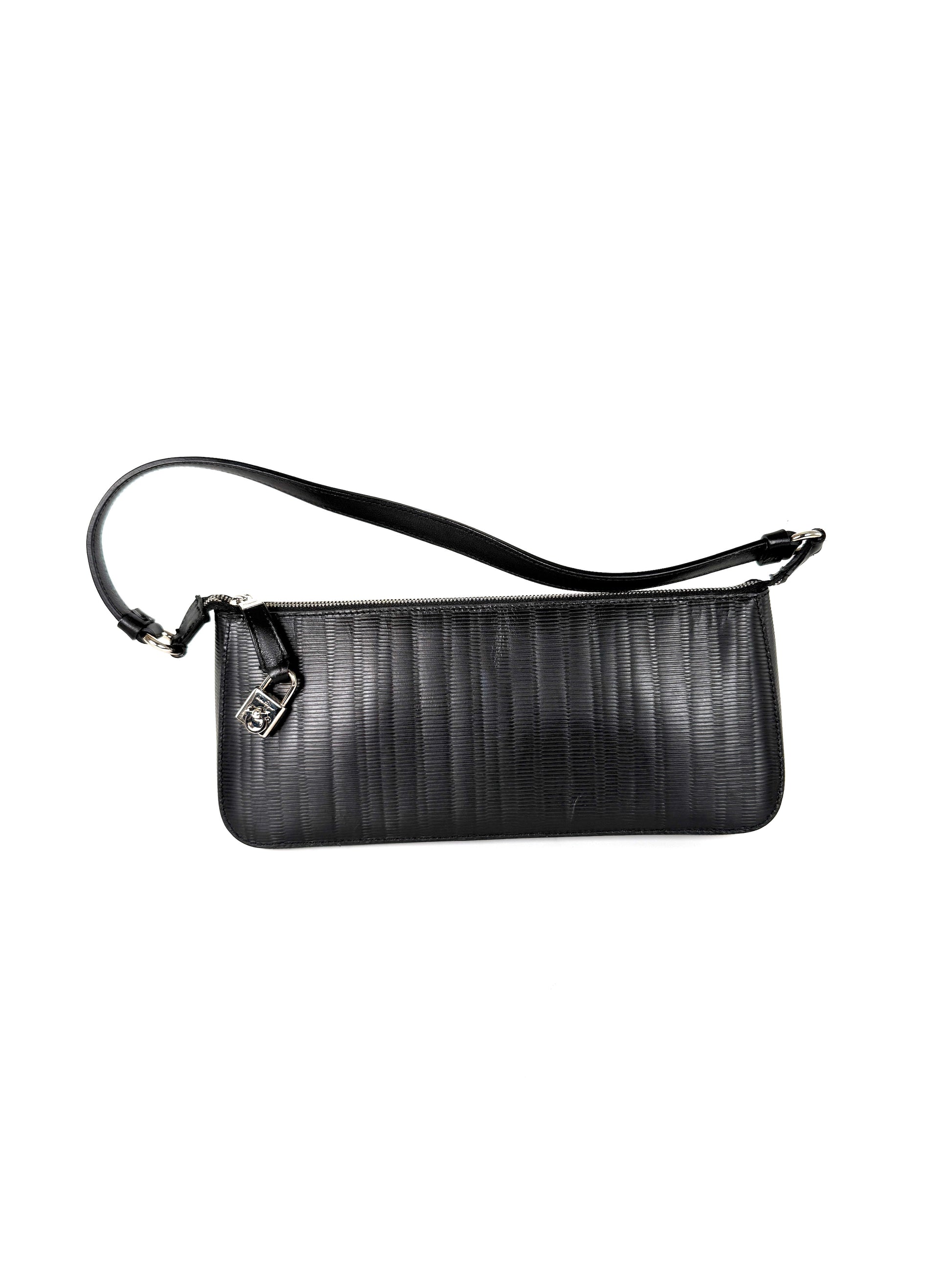 Salvatore Ferragamo Black Pebble Leather Shoulder Bag 