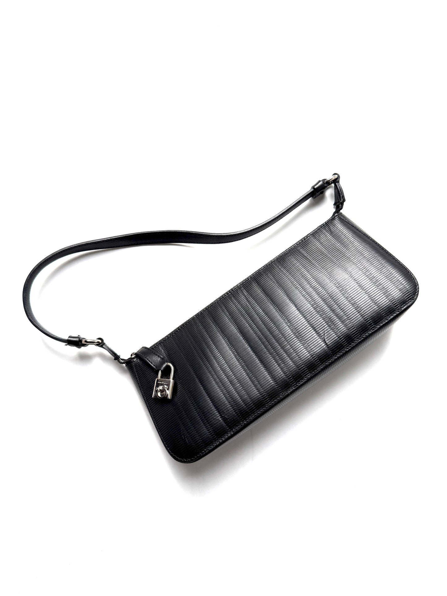 Salvatore Ferragamo Black Pebble Leather Shoulder Bag 