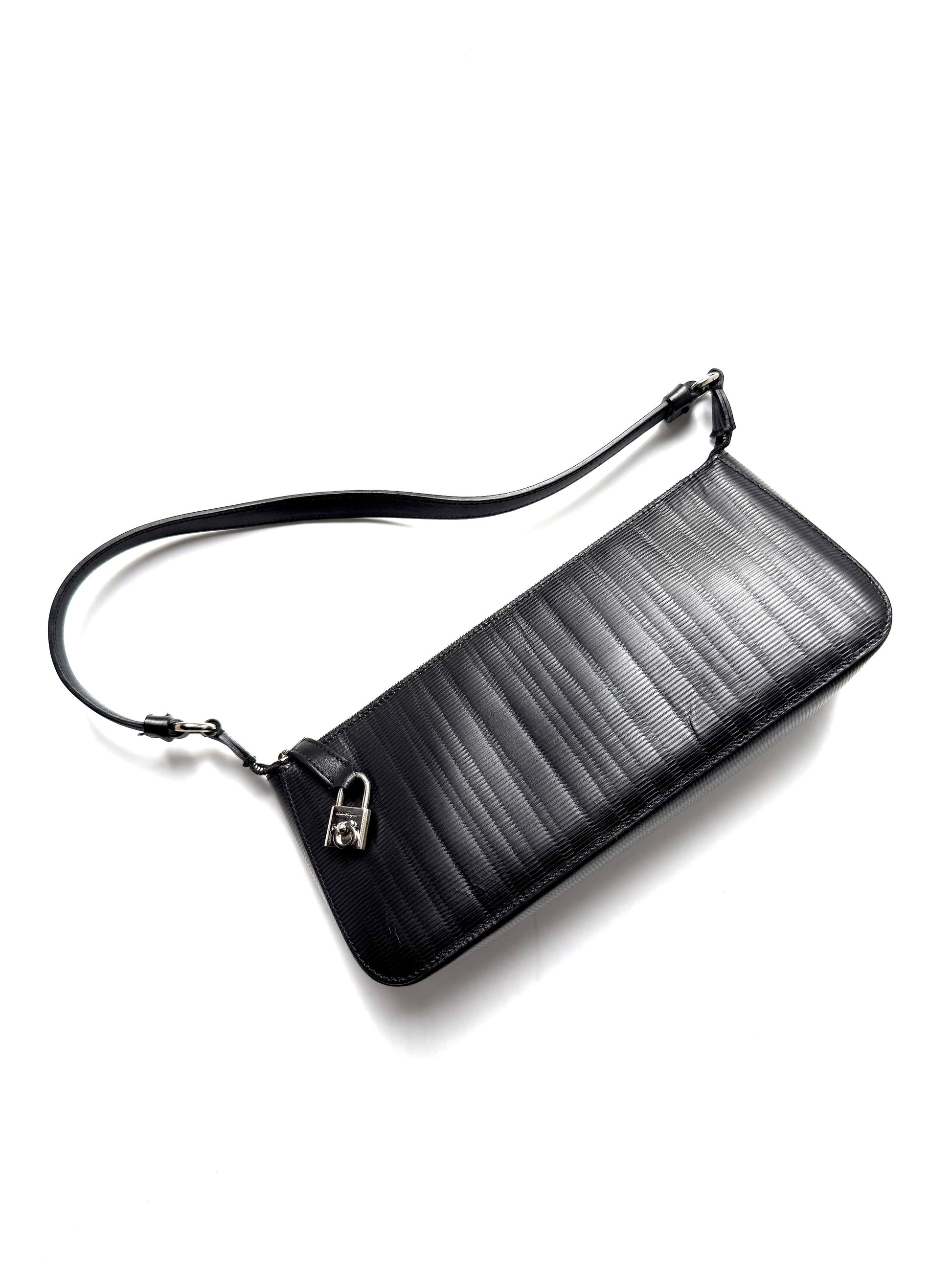 Salvatore Ferragamo Black Pebble Leather Shoulder Bag 