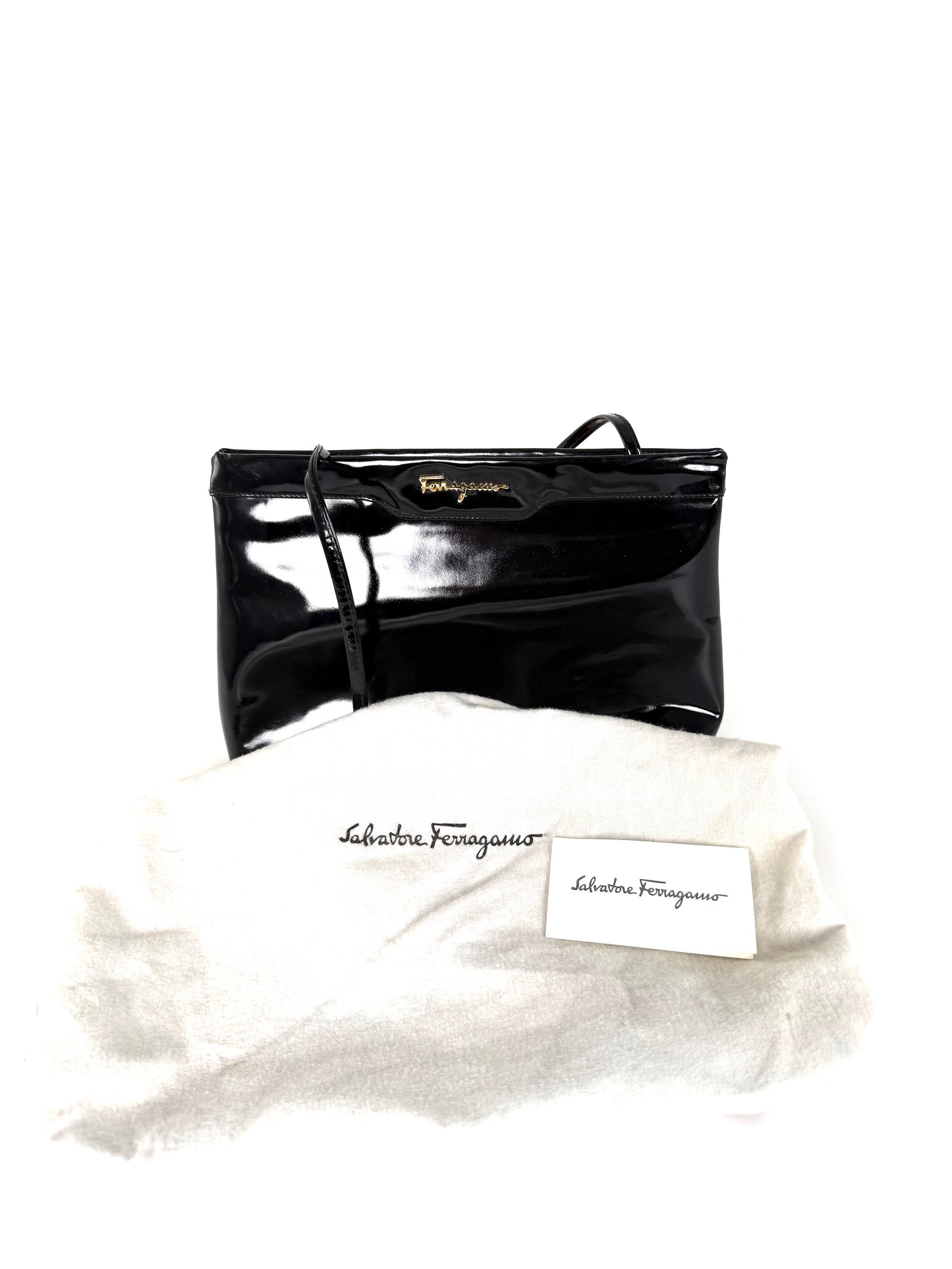 Vintage Salvatore Ferragamo Black Patent Leather Crossbody Clutch Bag 