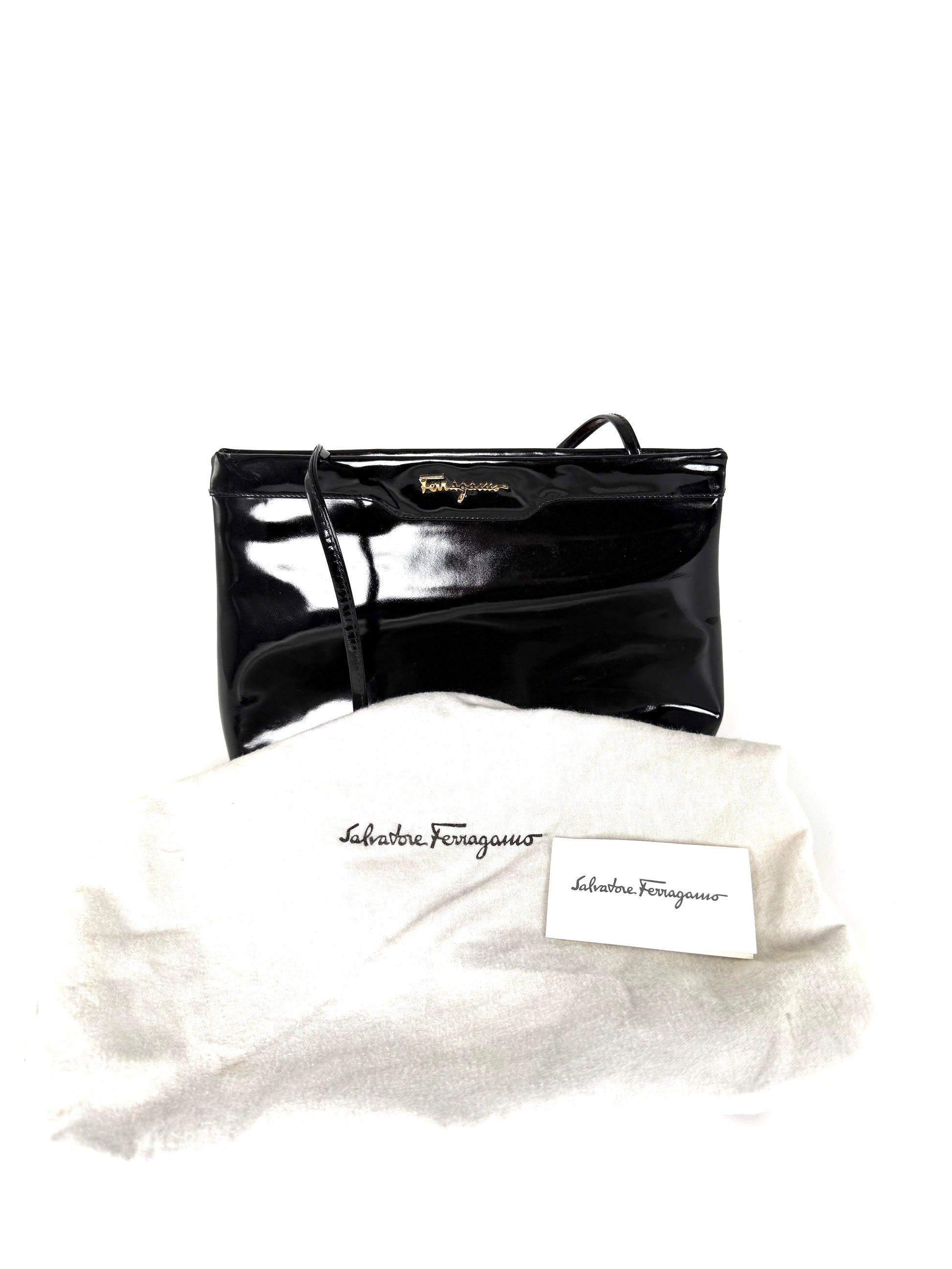 Vintage Salvatore Ferragamo Black Patent Leather Crossbody Clutch Bag 