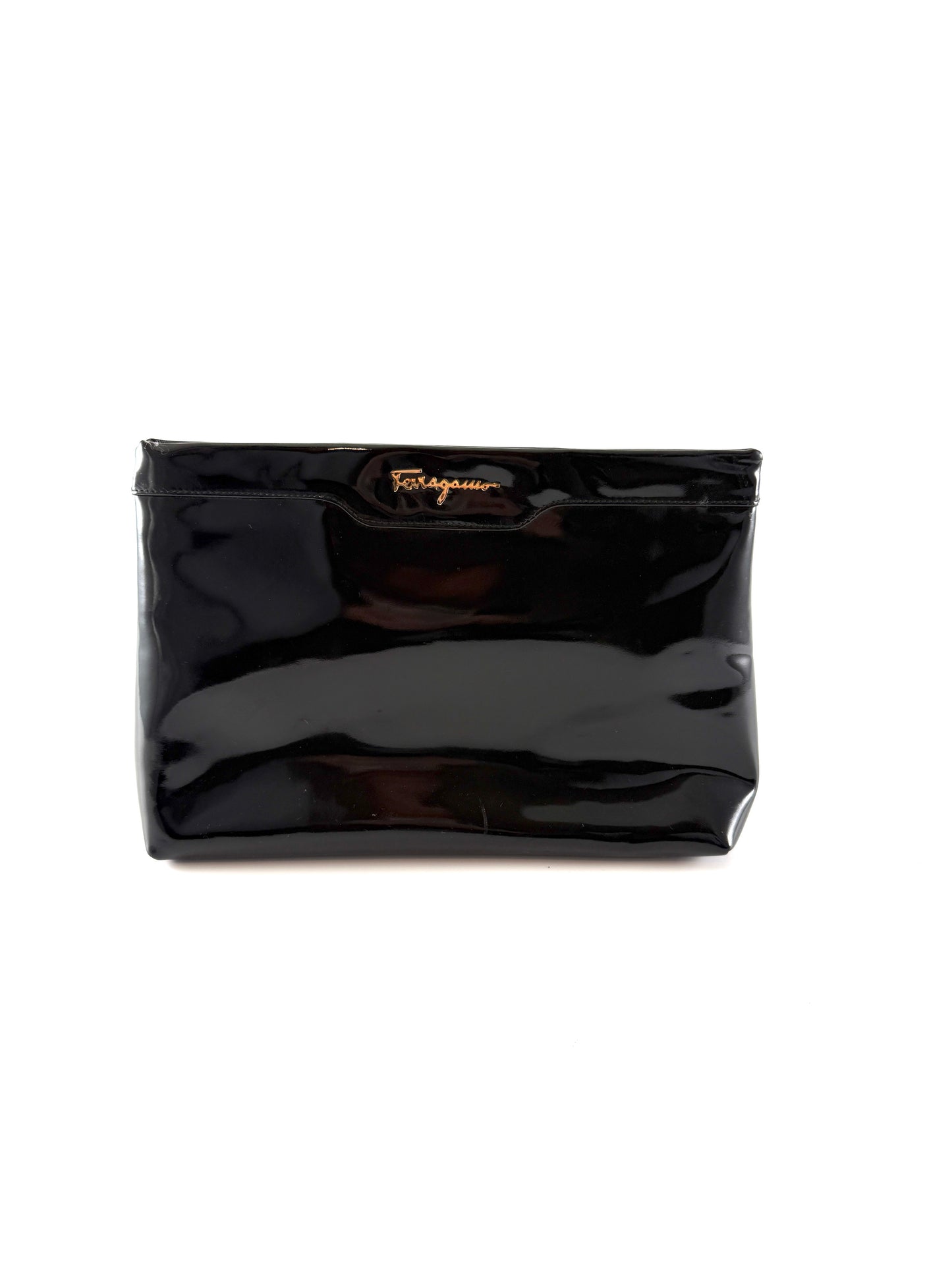 Vintage Salvatore Ferragamo Black Patent Leather Crossbody Clutch Bag 