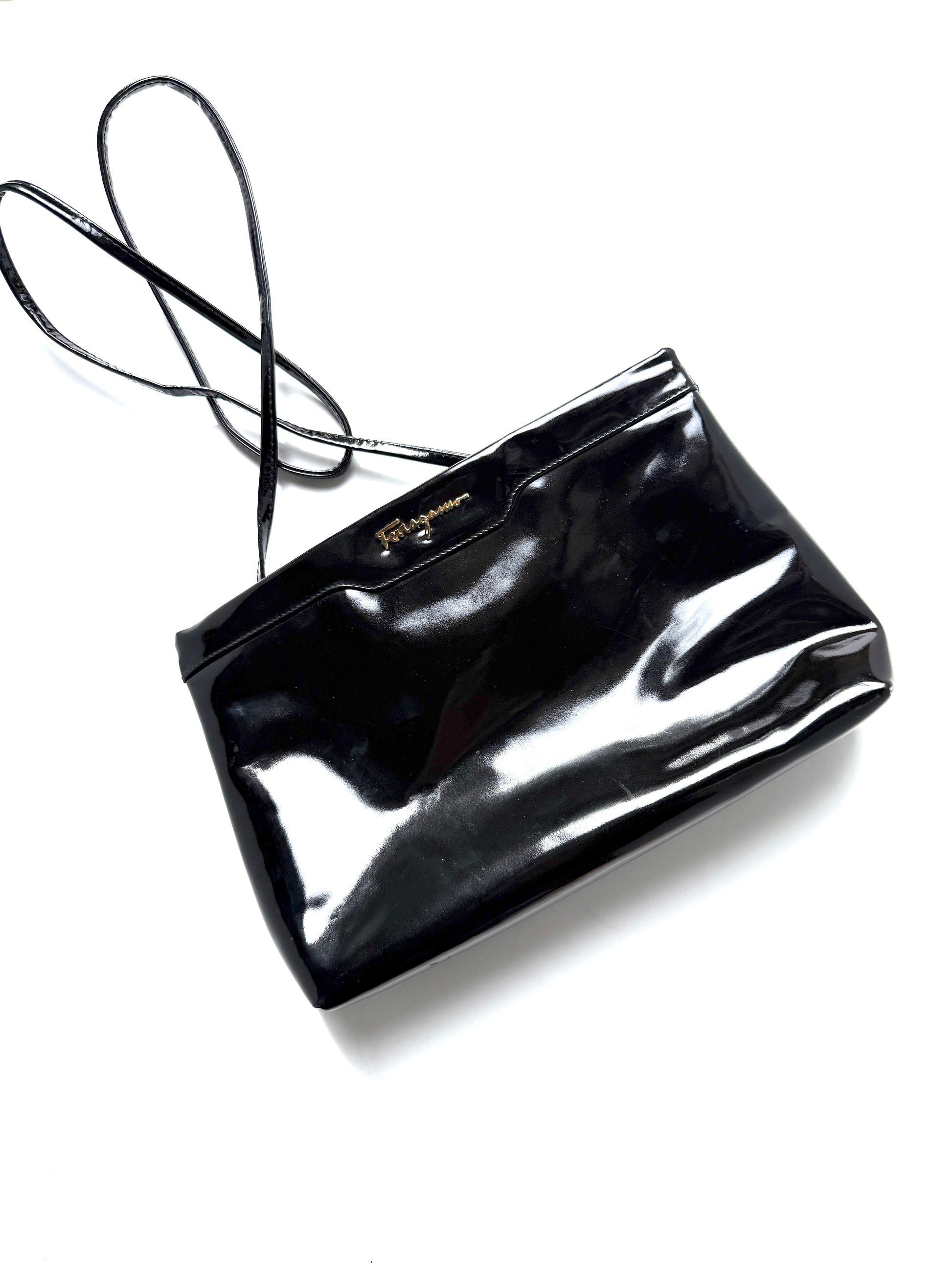 Vintage Salvatore Ferragamo Black Patent Leather Crossbody Clutch Bag 