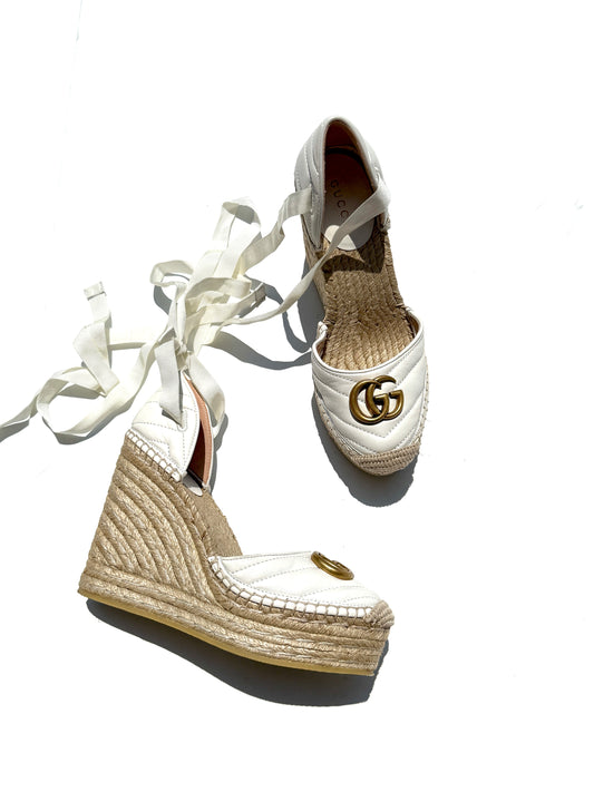 GUCCI Nappa Matelasse Marmont GG White Platform White Espadrille Wedge Heels 37.5 7.5