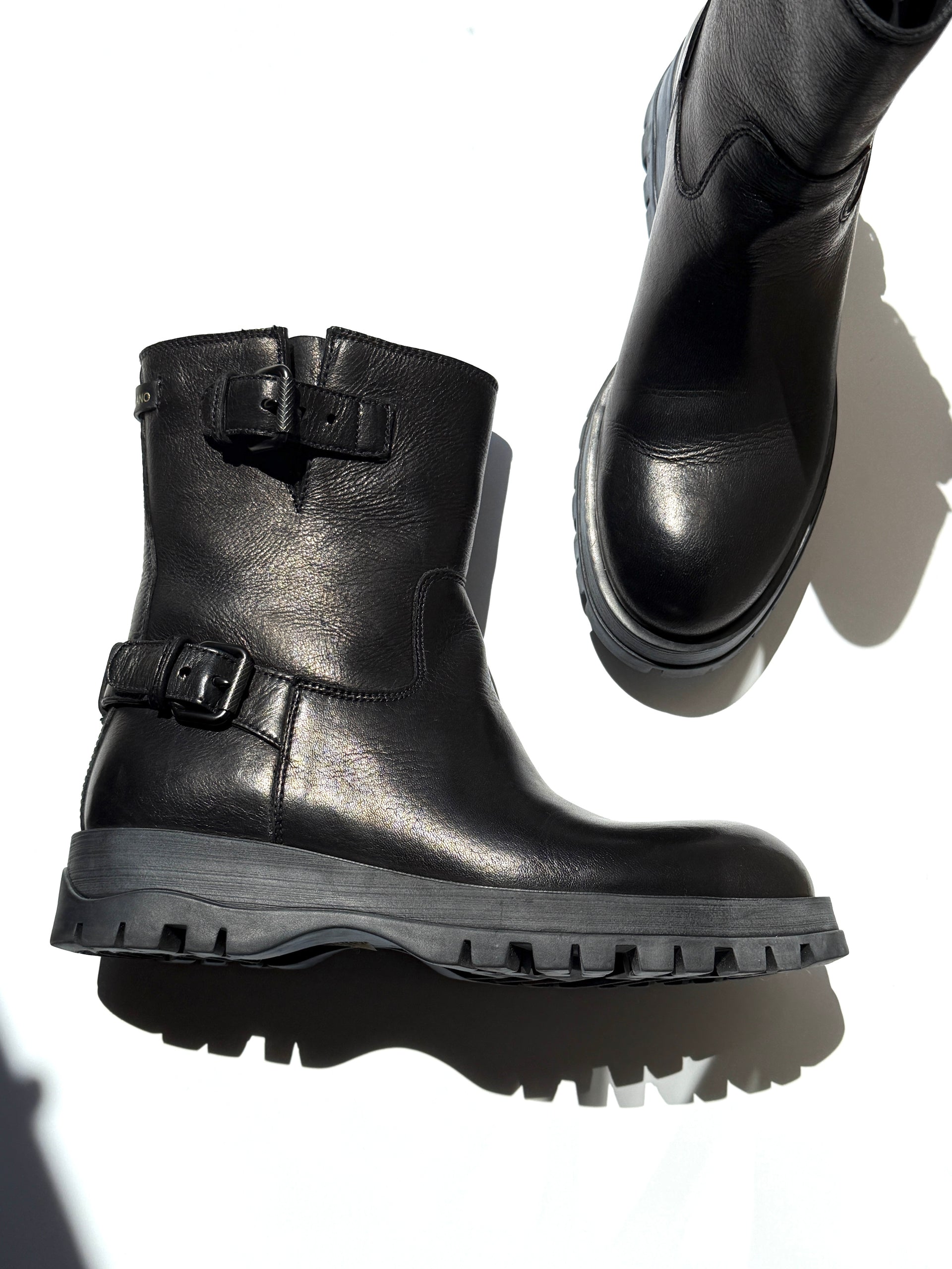 PRADA Black Buckle Moto Platform Leather Ankle Bootie Boots 37 7 