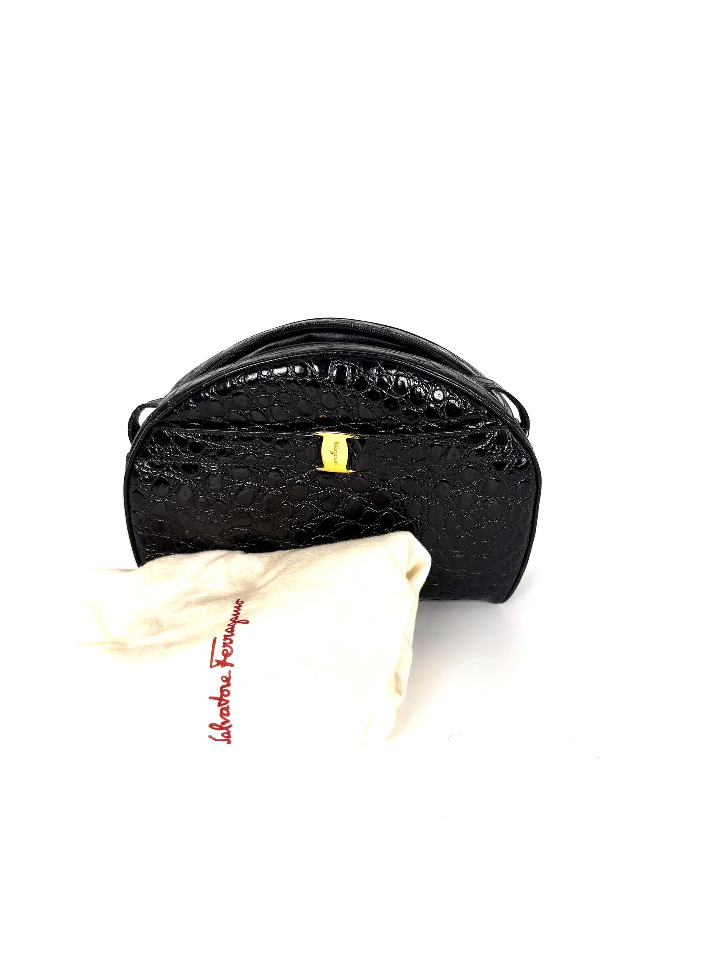 Salvatore Ferragamo Vara Black Croc Embossed Leather Crossbody Bag