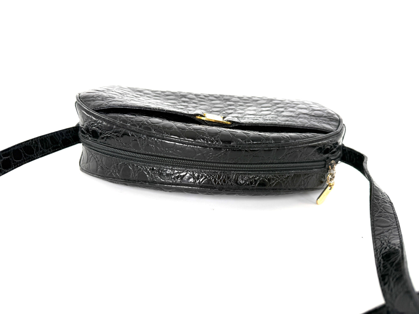 Salvatore Ferragamo Vara Black Croc Embossed Leather Crossbody Bag
