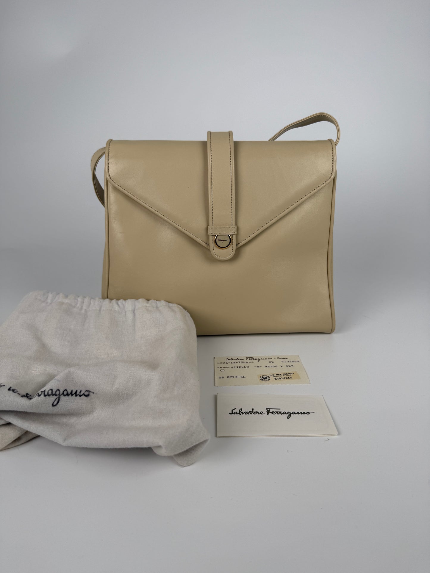 Vintage Salvatore Ferragamo Cream Leather Crossbody Flap Bag