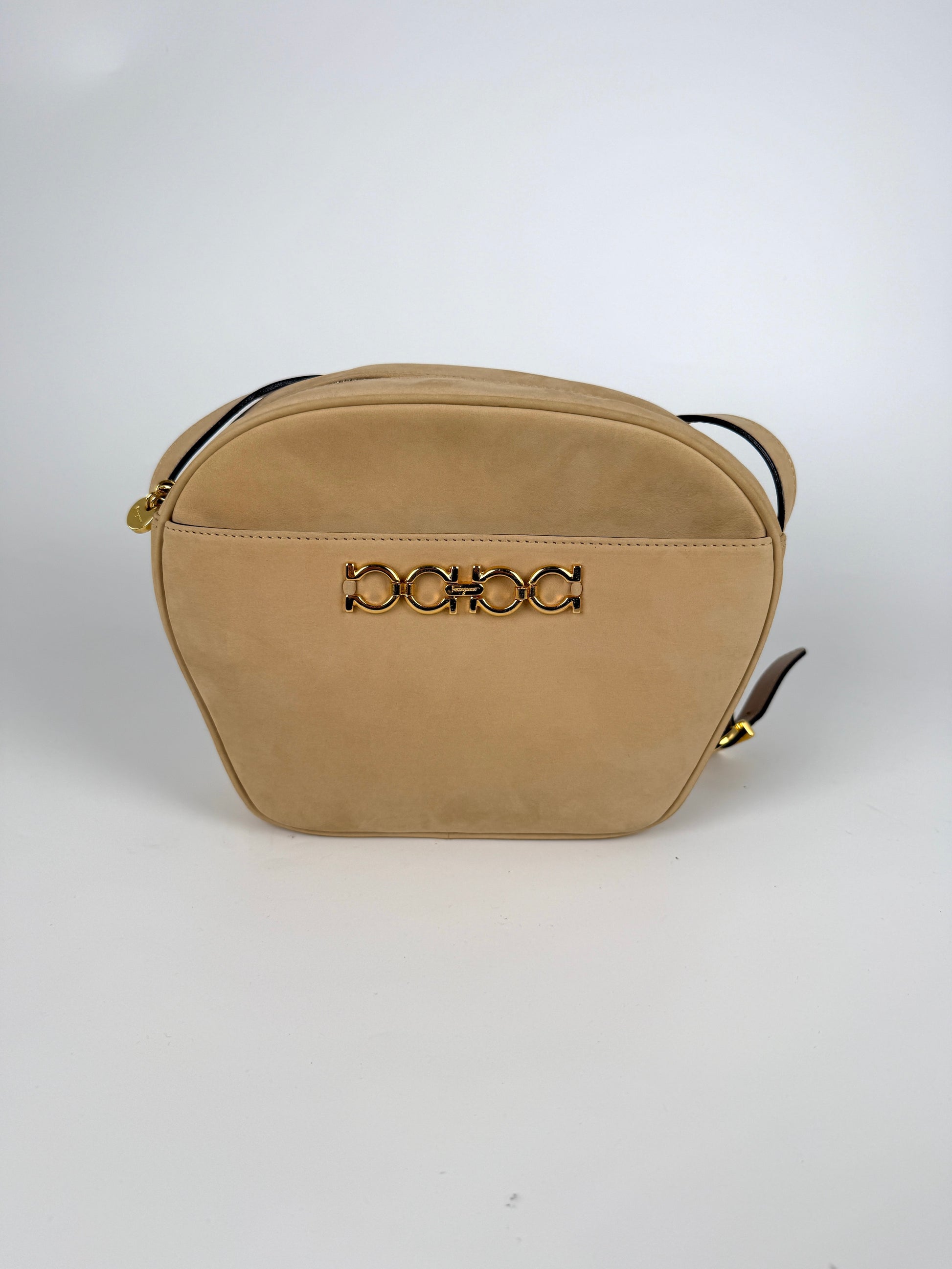 Vintage Salvatore Ferragamo Gancini Light Beige Suede Crossbody Bag