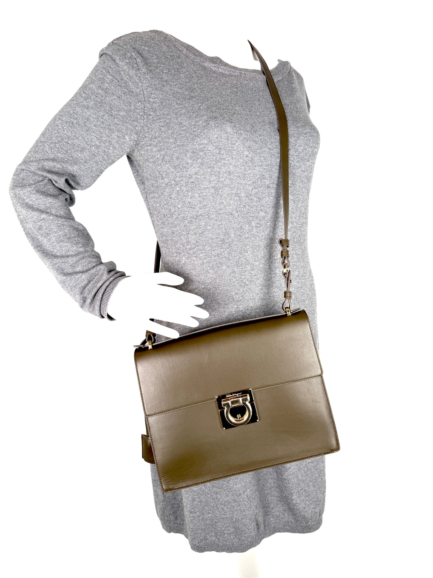 Salvatore Ferragamo Marisol Gancio Forest Green Crossbody Top Handle Bag New