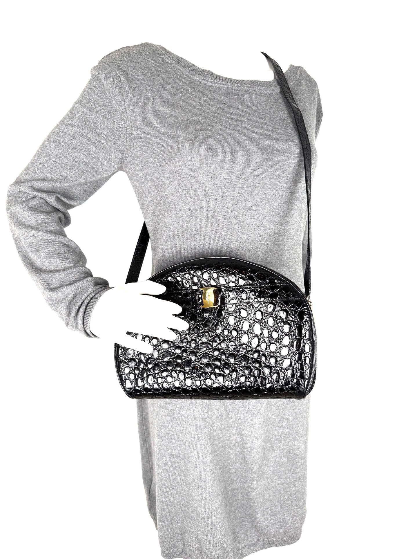 Salvatore Ferragamo Vara Black Croc Embossed Leather Crossbody Bag