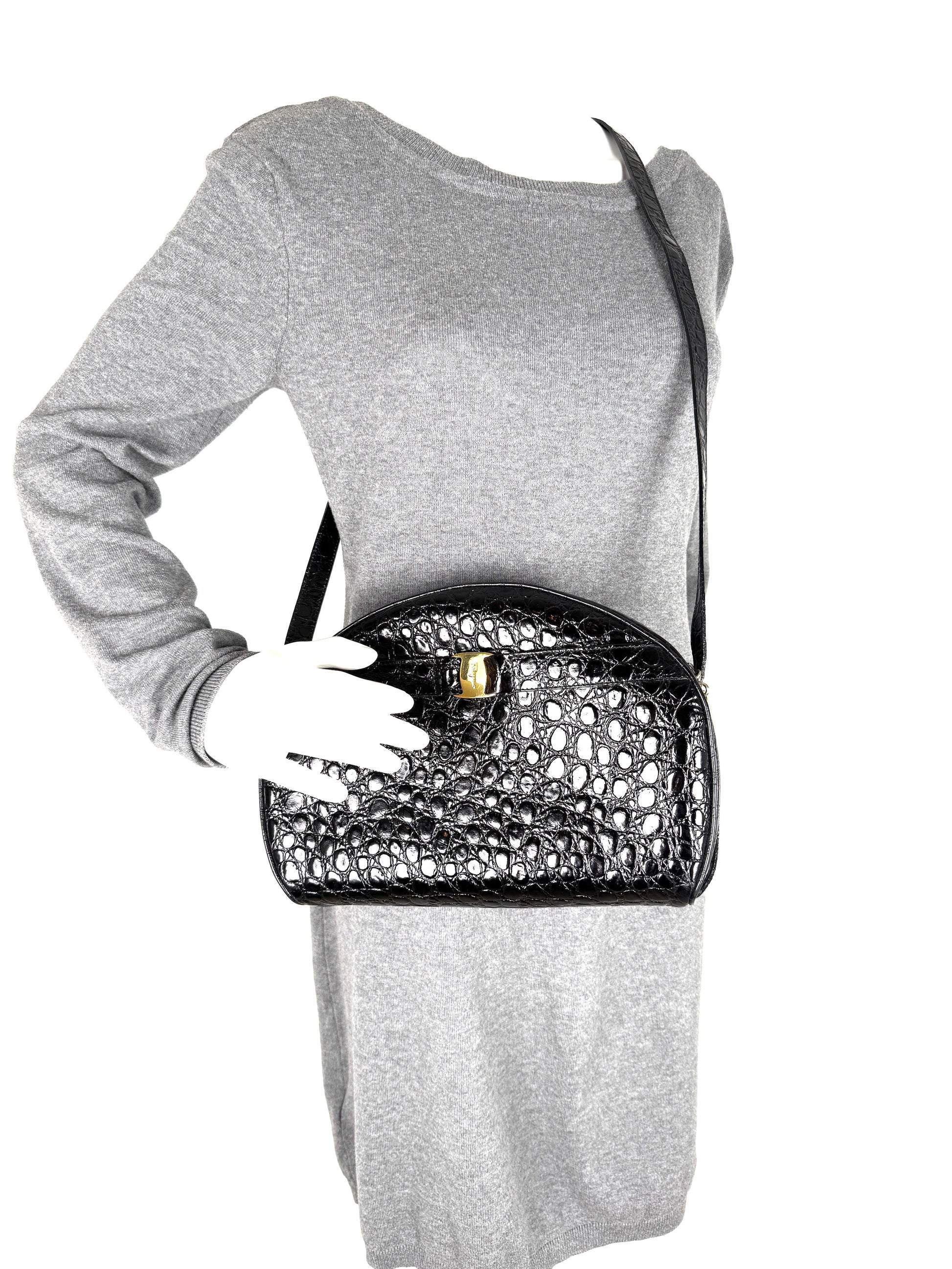 Salvatore Ferragamo Vara Black Croc Embossed Leather Crossbody Bag