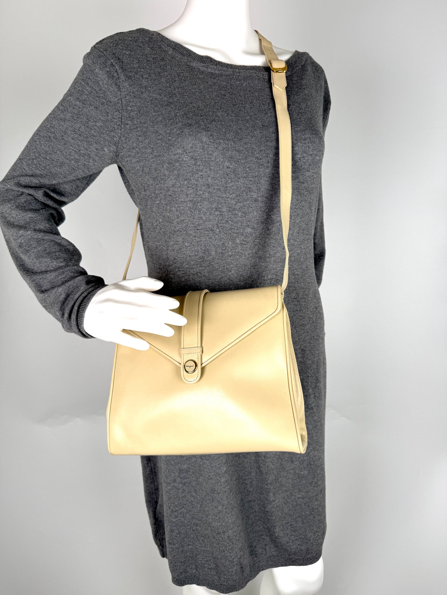 Vintage Salvatore Ferragamo Cream Leather Crossbody Flap Bag
