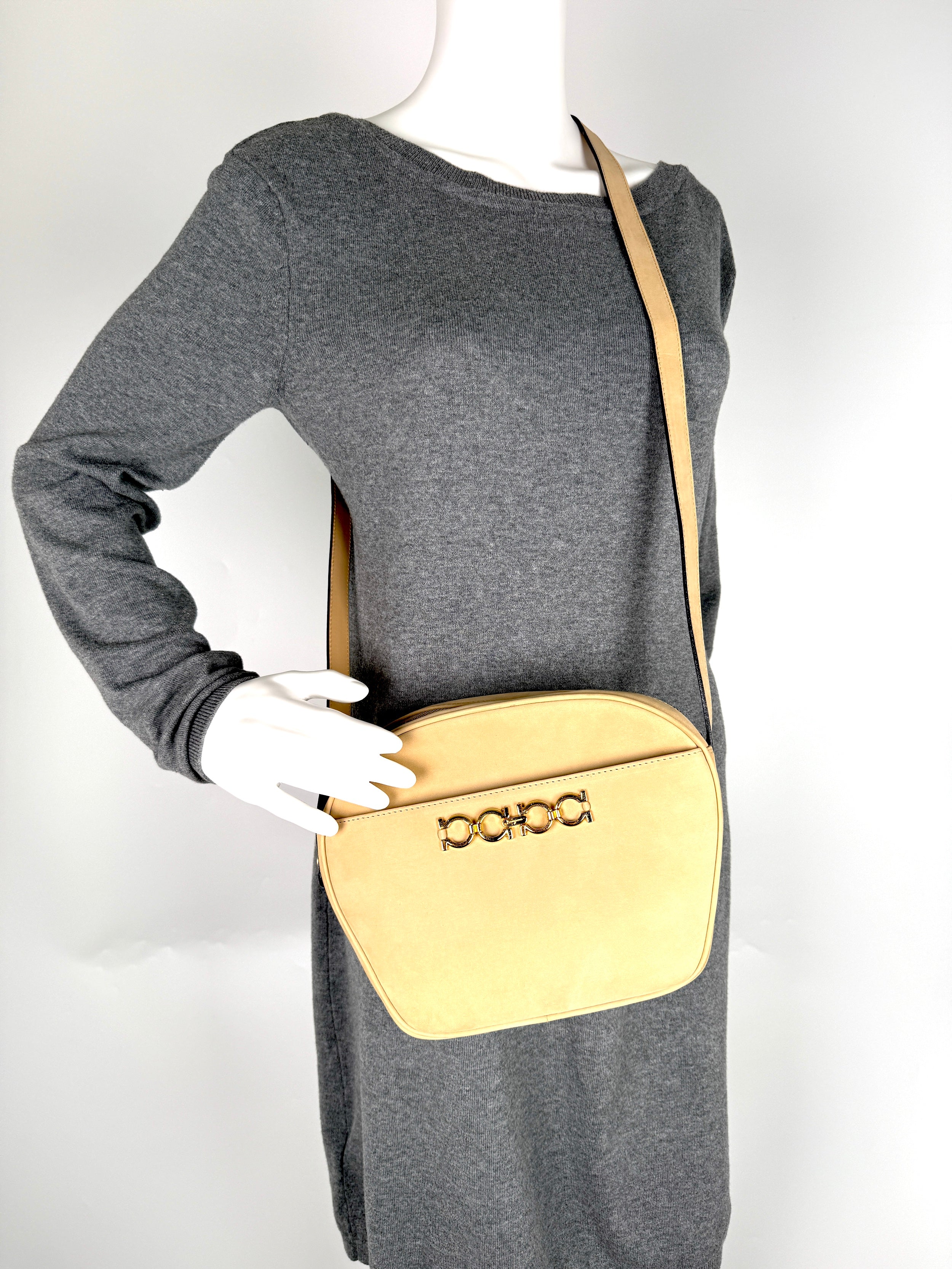Vintage Salvatore Ferragamo Gancini Light Beige Suede Crossbody