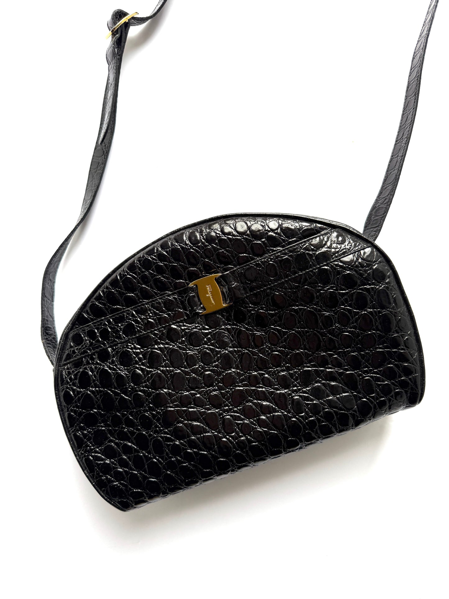 Salvatore Ferragamo Vara Black Croc Embossed Leather Crossbody Bag