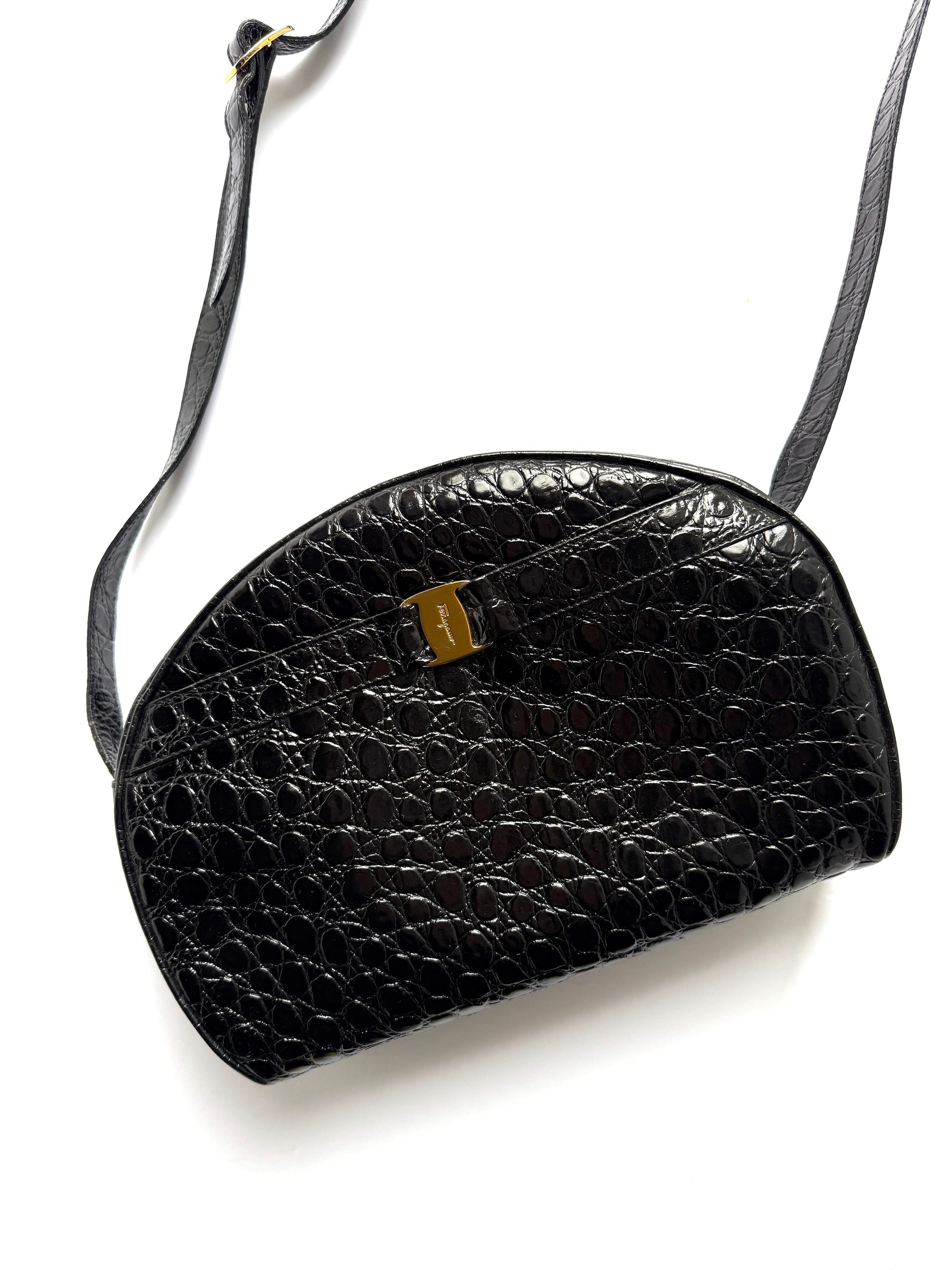 Salvatore Ferragamo Vara Black Croc Embossed Leather Crossbody Bag