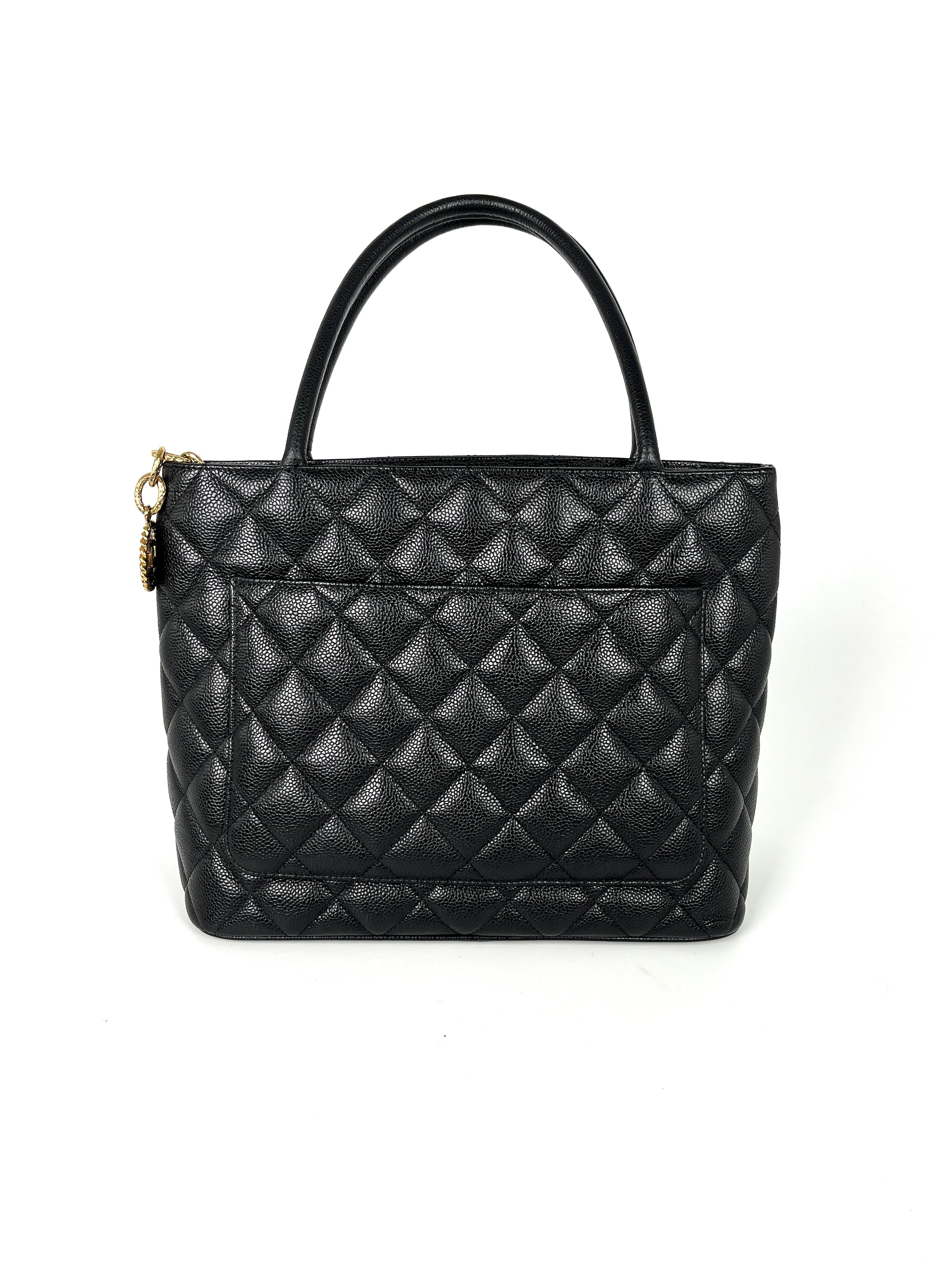 Vintage Chanel Medallion Timeless Black Quilted Caviar Tote Bag