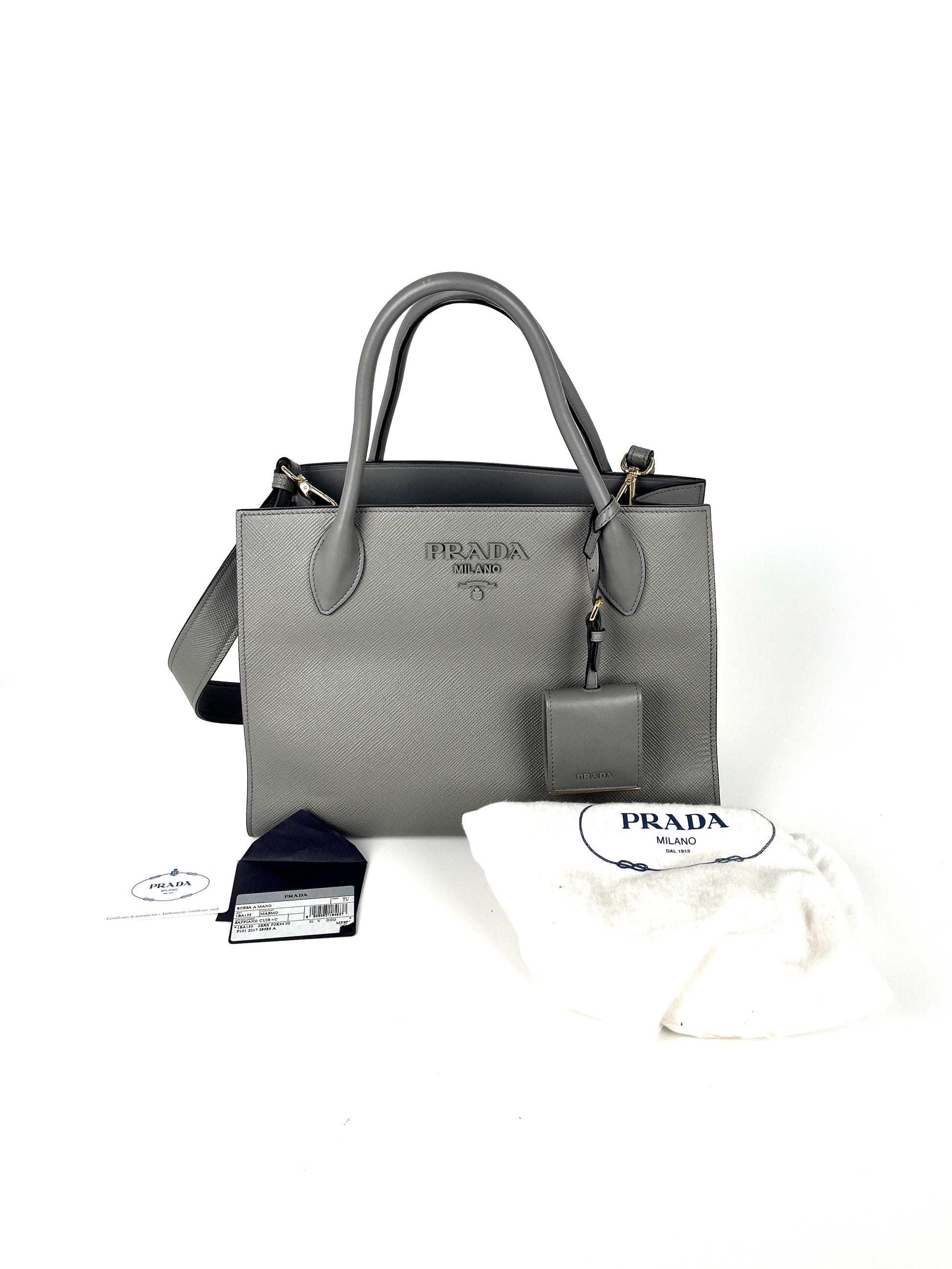 PRADA Saffiano Monochrome Marmo Medium Gray Leather Tote Bag Austin consignment store