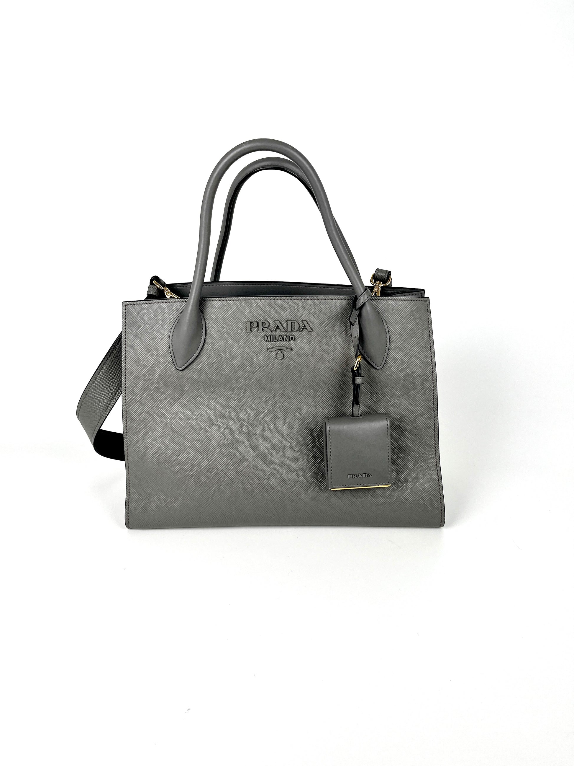 PRADA Saffiano Monochrome Marmo Medium Gray Leather Tote Bag 