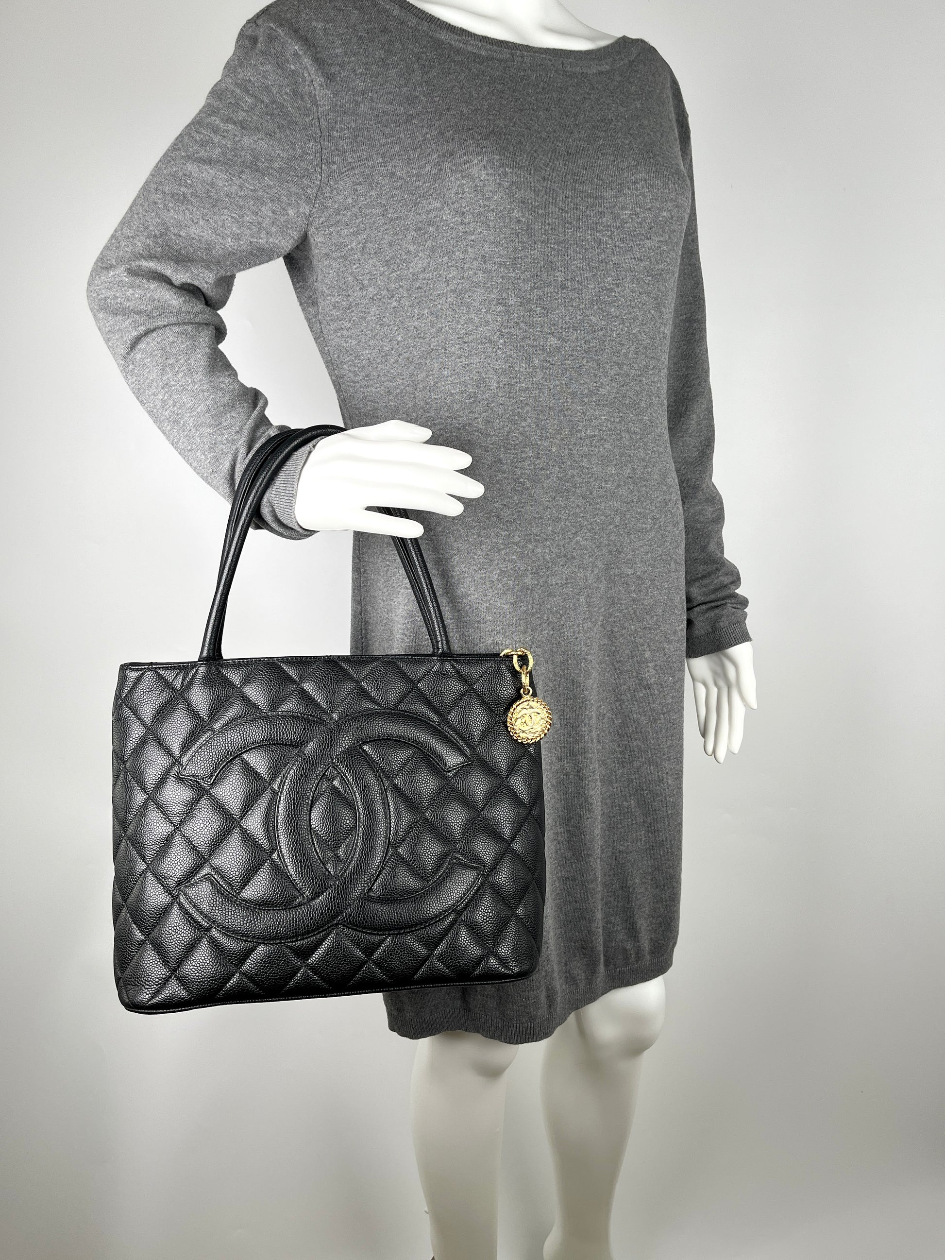 Vintage CHANEL Medallion Timeless Black Quilted Caviar Tote Bag 