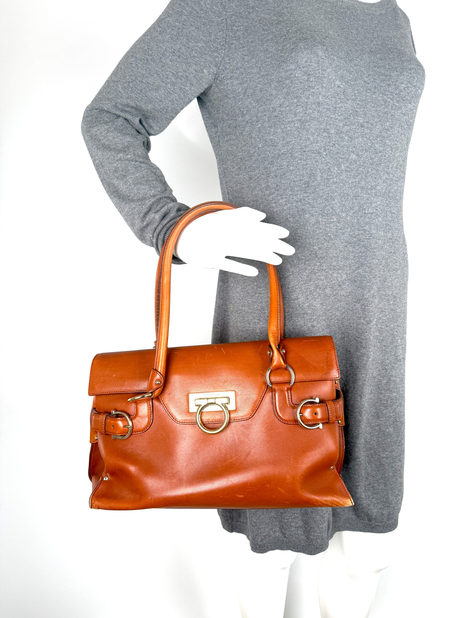 Salvatore Ferragamo Gancini Brown Leather Tote Shoulder Bag