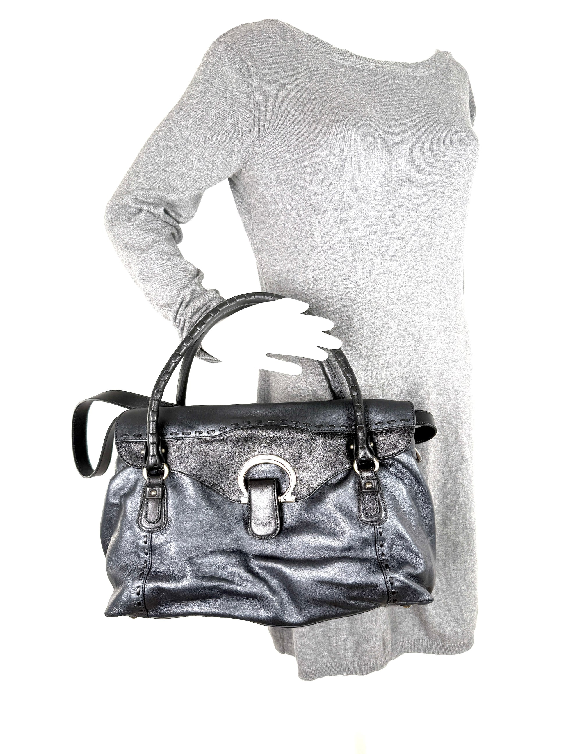 Salvatore Ferragamo Gancini Black Whipstitch Leather Top Handle Crossbody Tote Bag