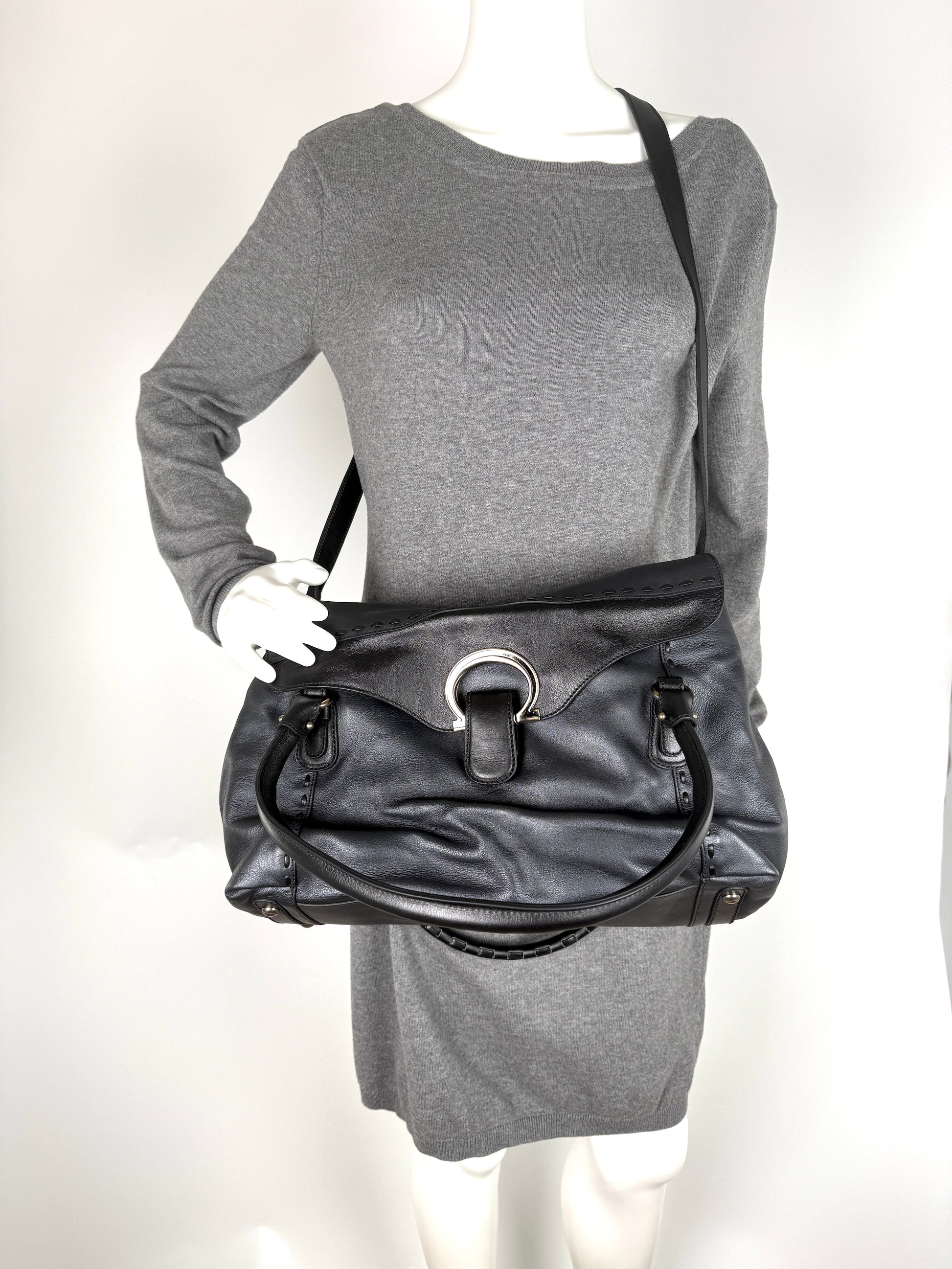 Salvatore Ferragamo Gancini Black Whipstitch Leather Top Handle Crossbody Tote Bag