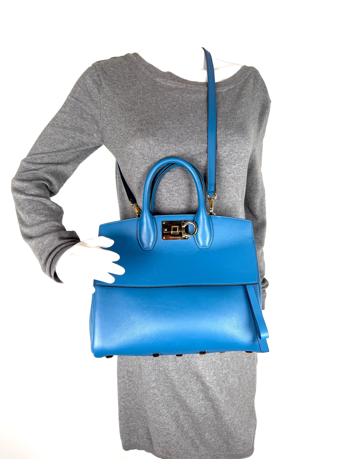 Salvatore Ferragamo Studio Gancini Blue Leather Top Handle Crossbody Tote Bag