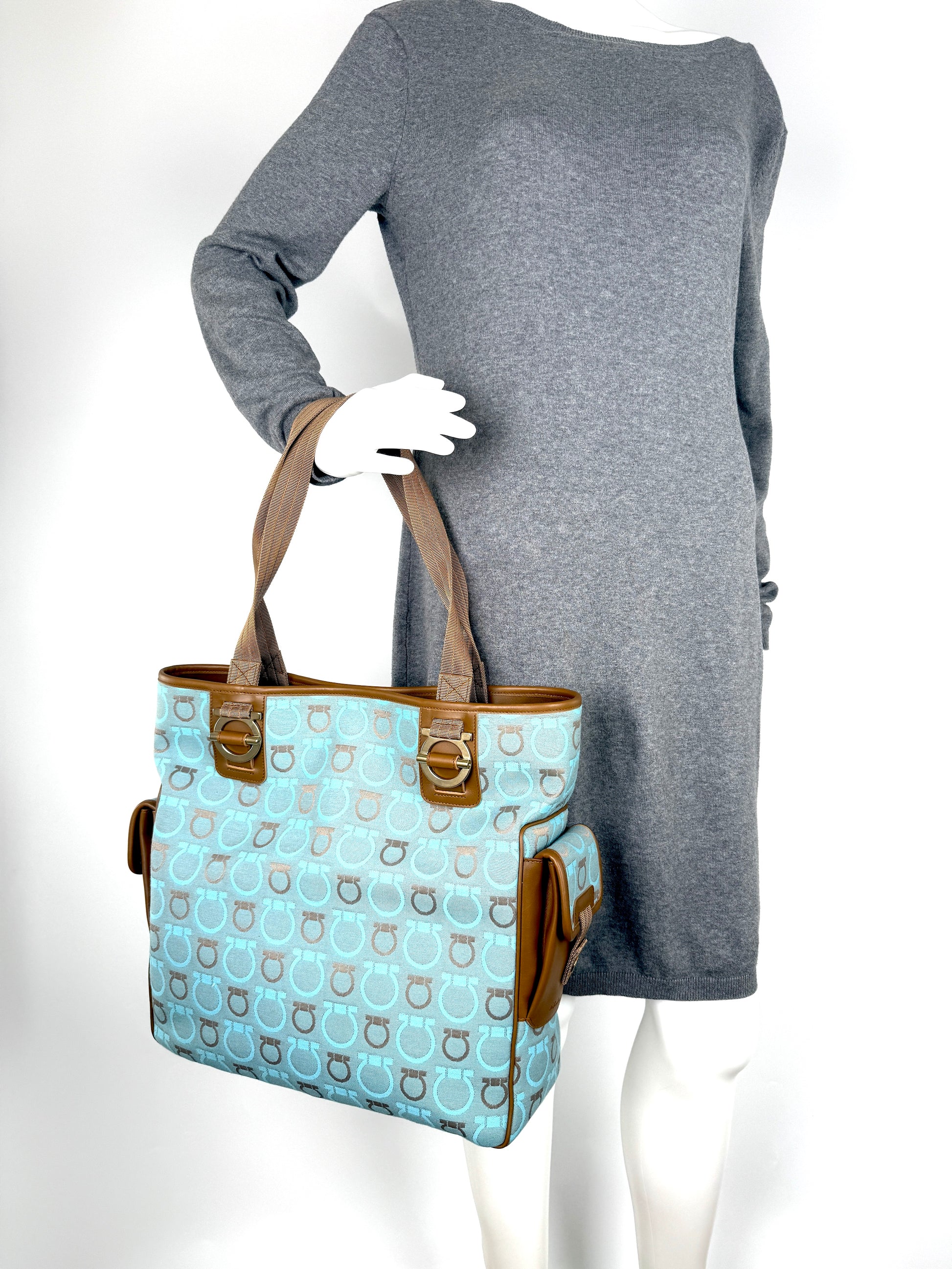 Salvatore Ferragamo Fabric Logo Gancini Blue Brown Tote Bag
