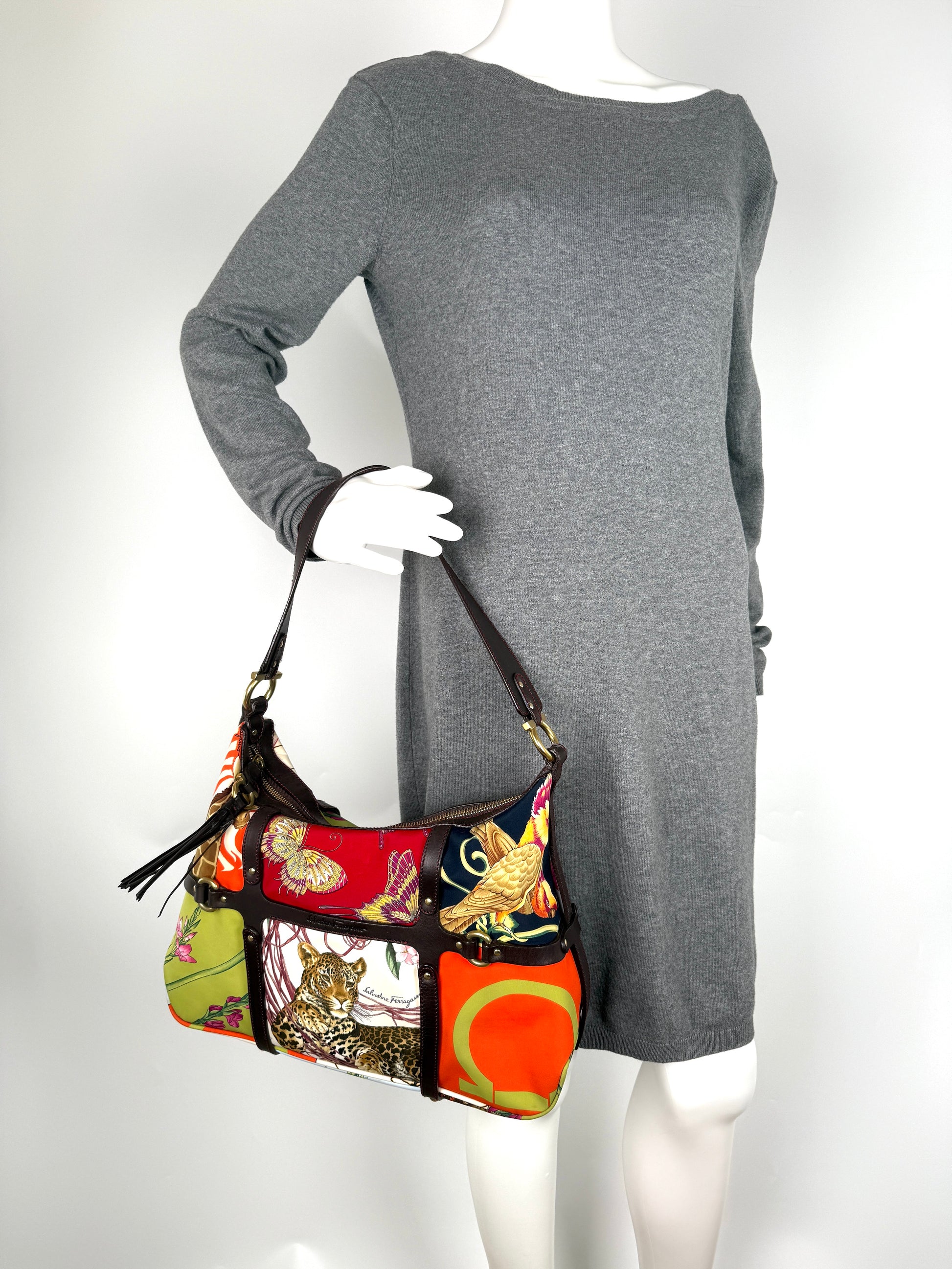 Salvatore Ferragamo Fiera Leopard Fabric Multicolor Print Shoulder Bag