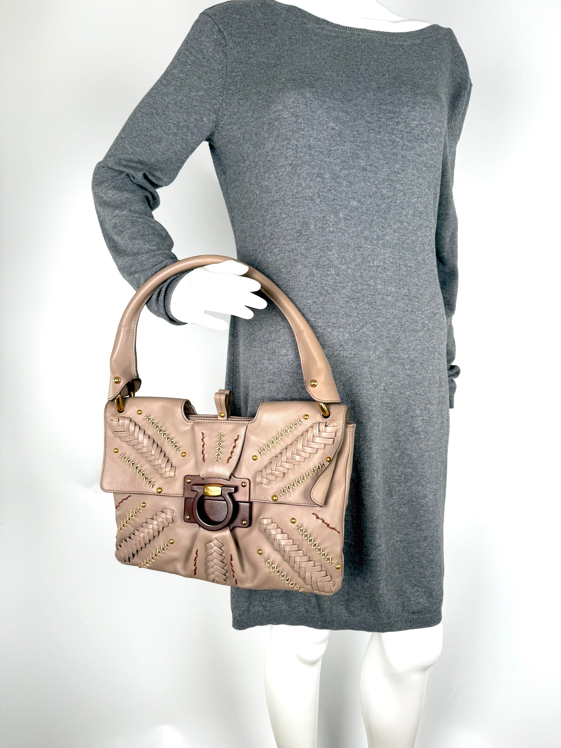 Salvatore Ferragamo Taupe Leather Whipstitch Shoulder Bag