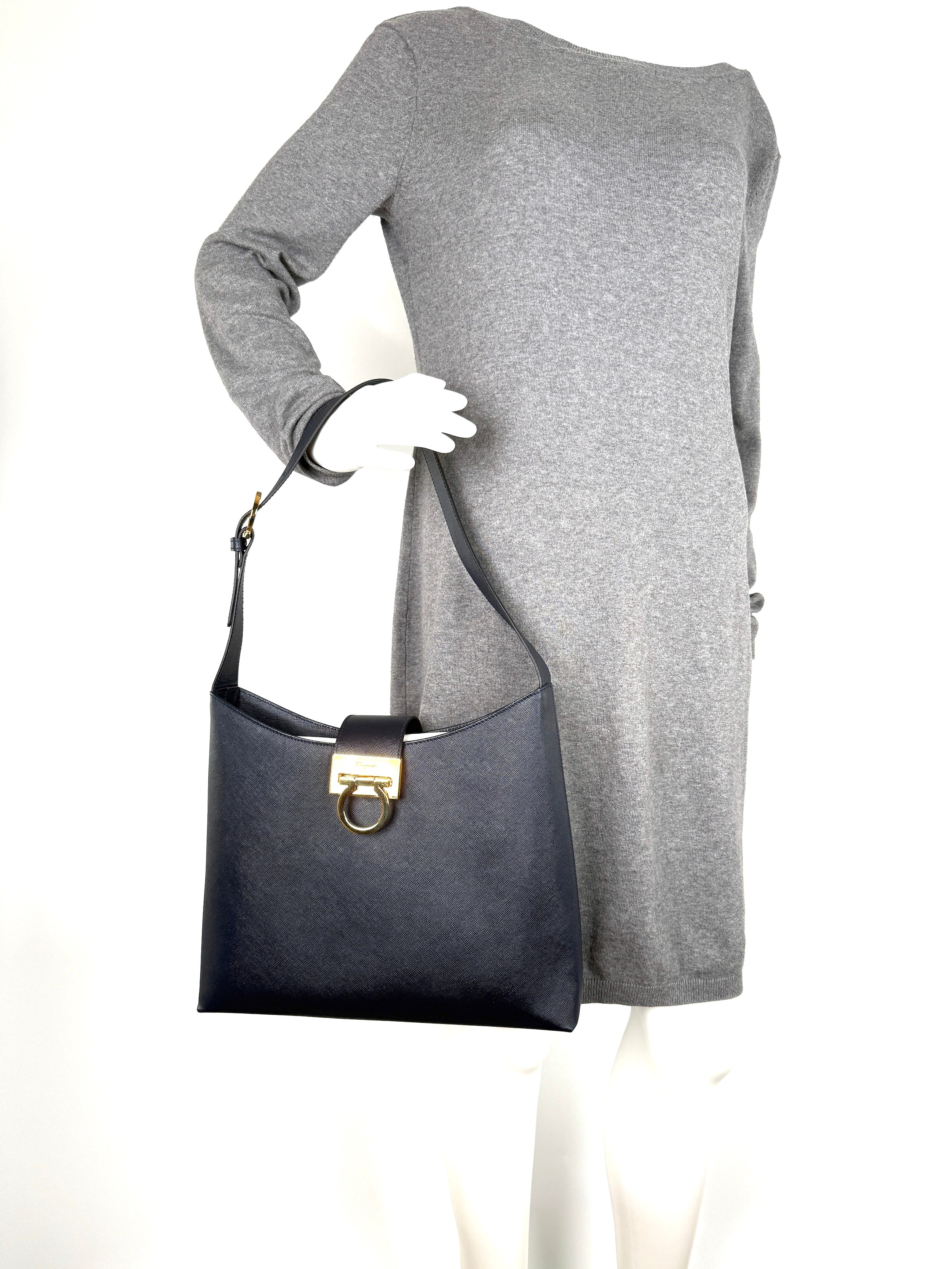 Salvatore Ferragamo Hammered Calfskin Trifolio Gancini Dark Navy