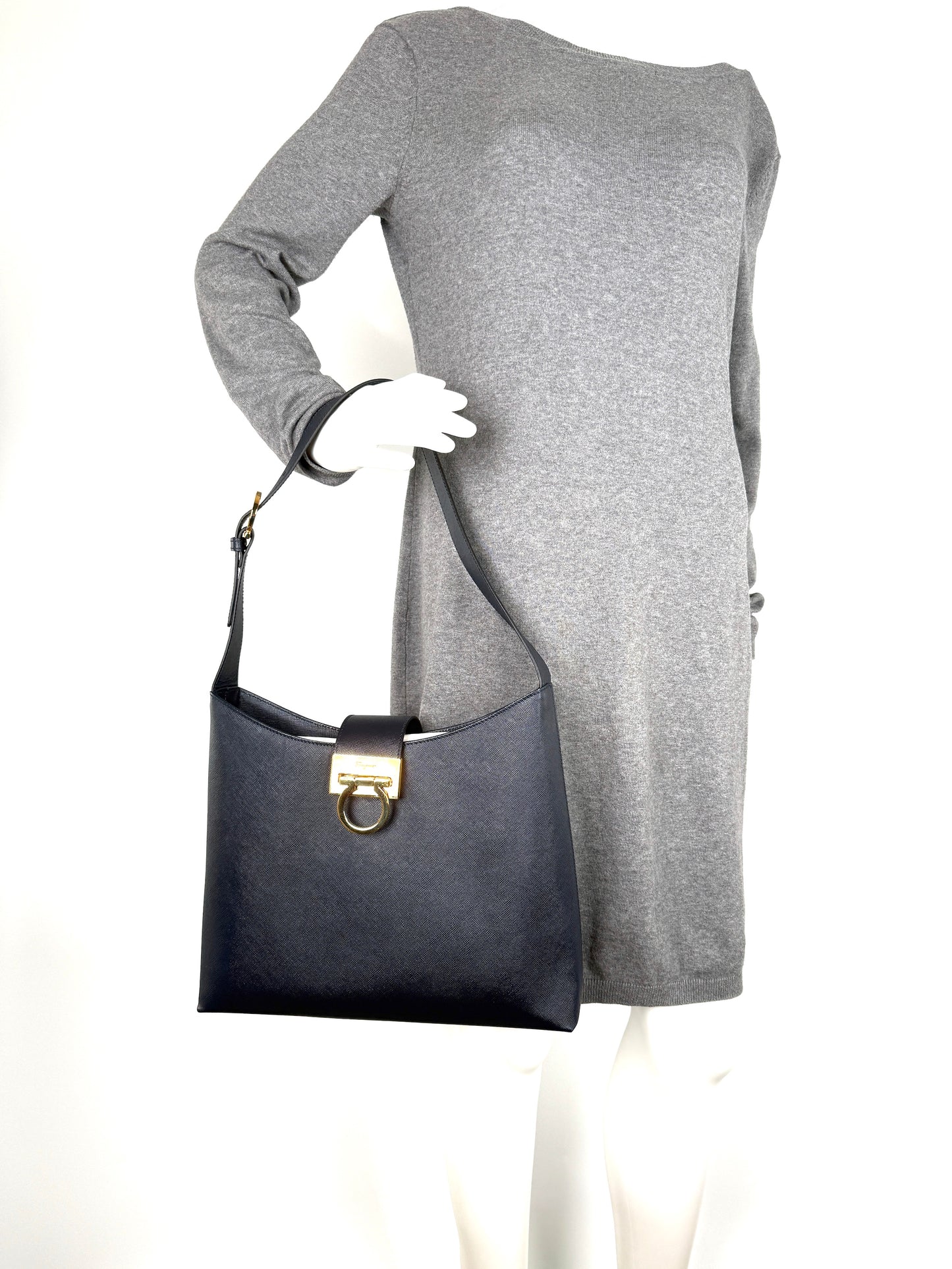 Salvatore Ferragamo Hammered Calfskin Trifolio Gancini Dark Navy Leather Shoulder Bag