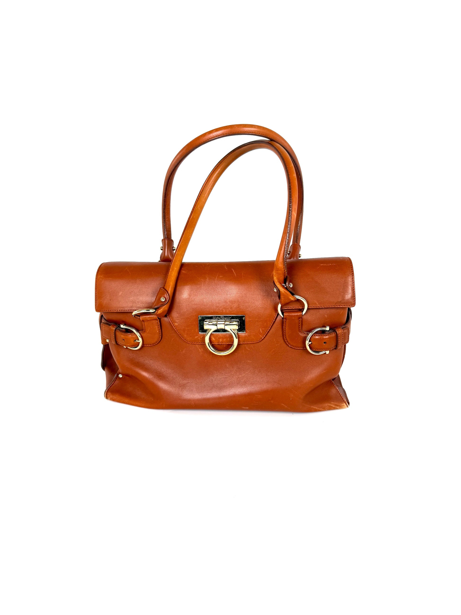 Salvatore Ferragamo Gancini Brown Leather Tote Shoulder Bag