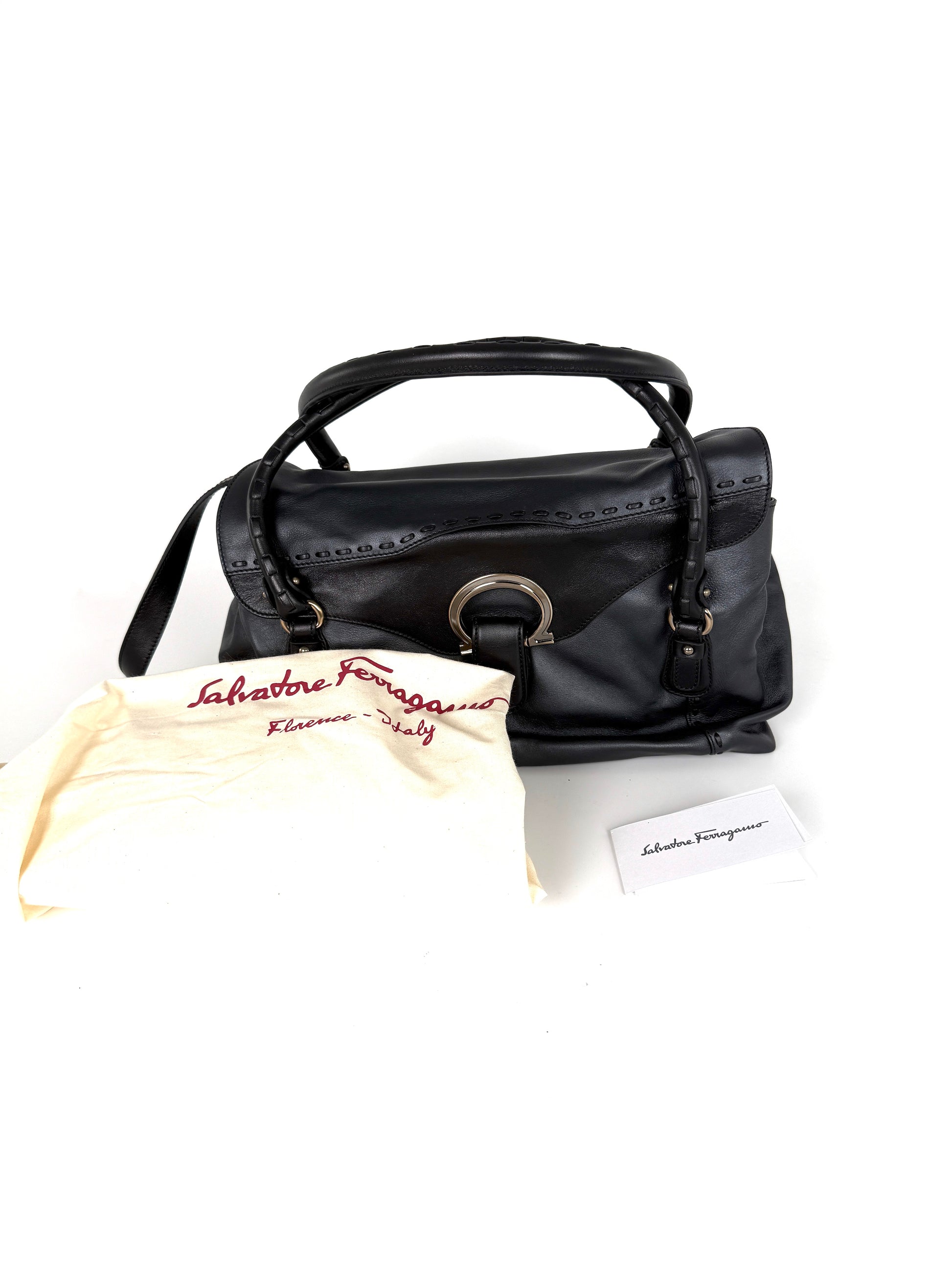 Salvatore Ferragamo Gancini Black Whipstitch Leather Top Handle Crossbody Tote Bag