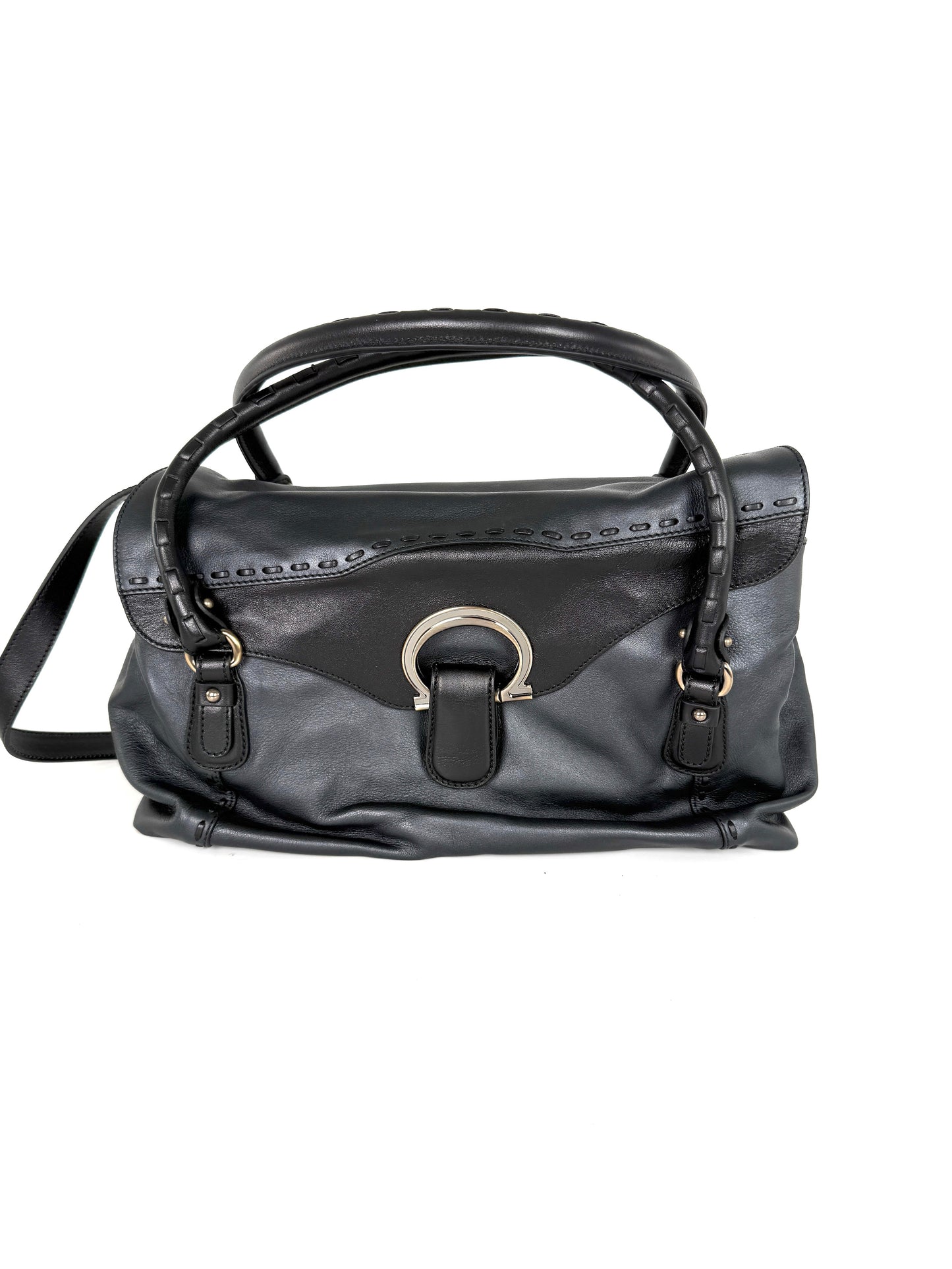 Salvatore Ferragamo Gancini Black Whipstitch Leather Top Handle Crossbody Tote Bag