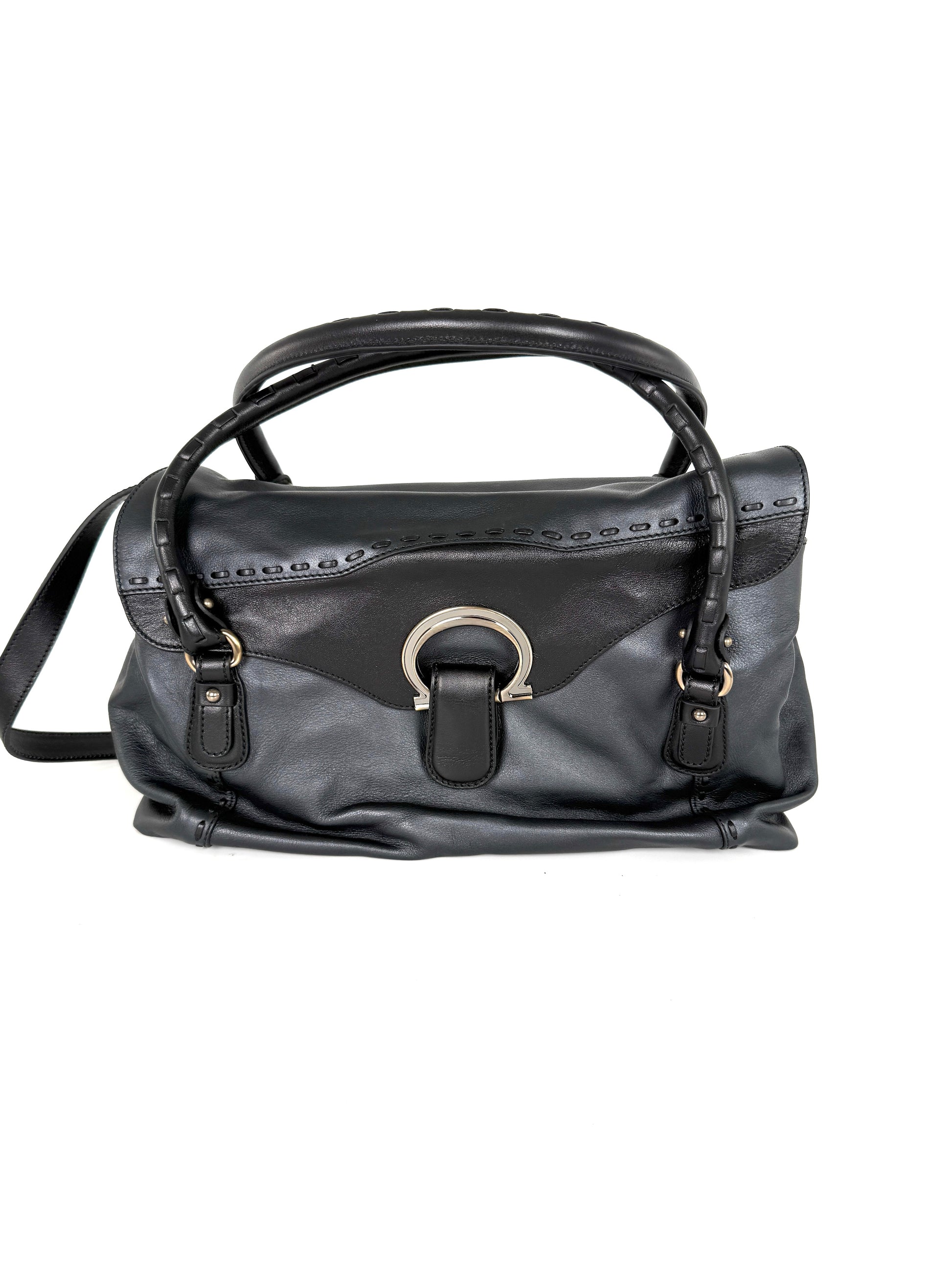 Salvatore Ferragamo Gancini Black Whipstitch Leather Top Handle Crossbody Tote Bag